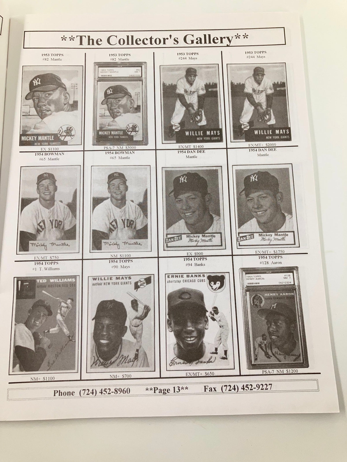 The Collector's Gallery page featuring exceptional vintage cards like Mickey Mantle and other MLB legends as part of the 1935 Shoebox Cards collection.