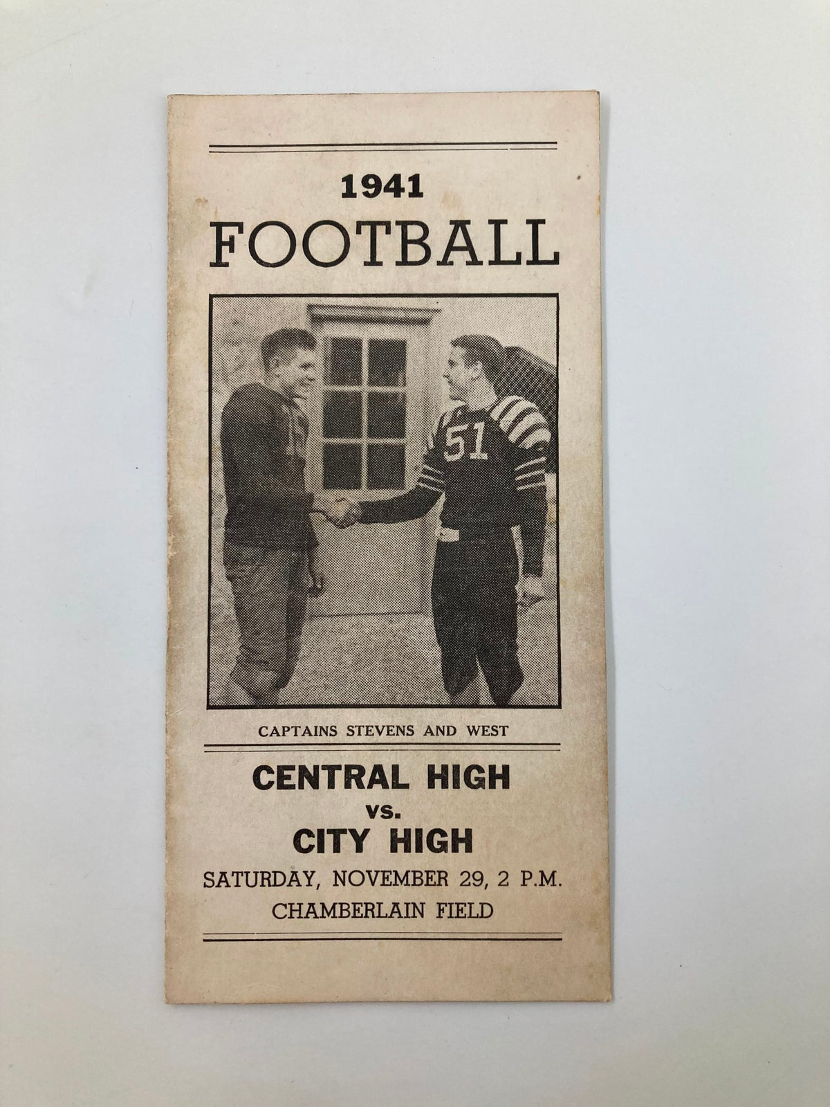 November 29, 1941 Football Central High vs City High Official Program cover featuring players shaking hands before the game.