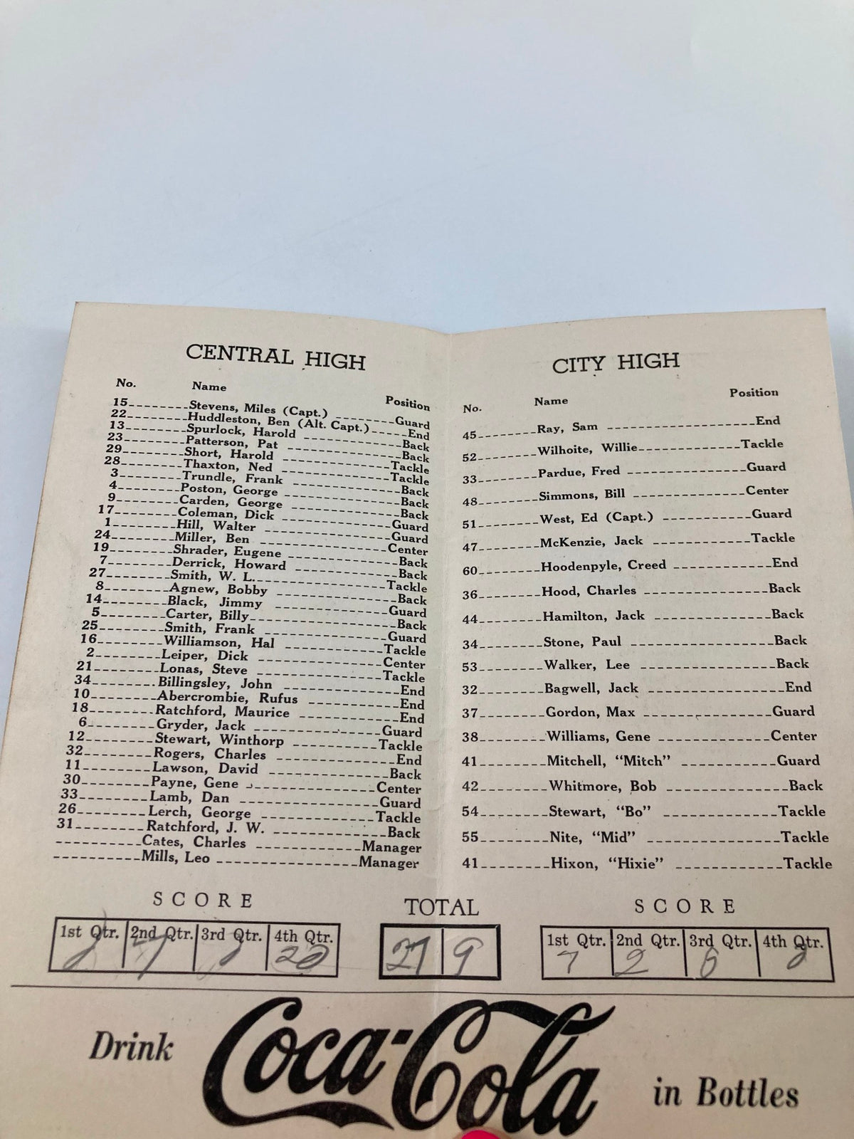 November 29, 1941 Football Central High vs City High Official Program inside page showcasing team rosters for both schools.