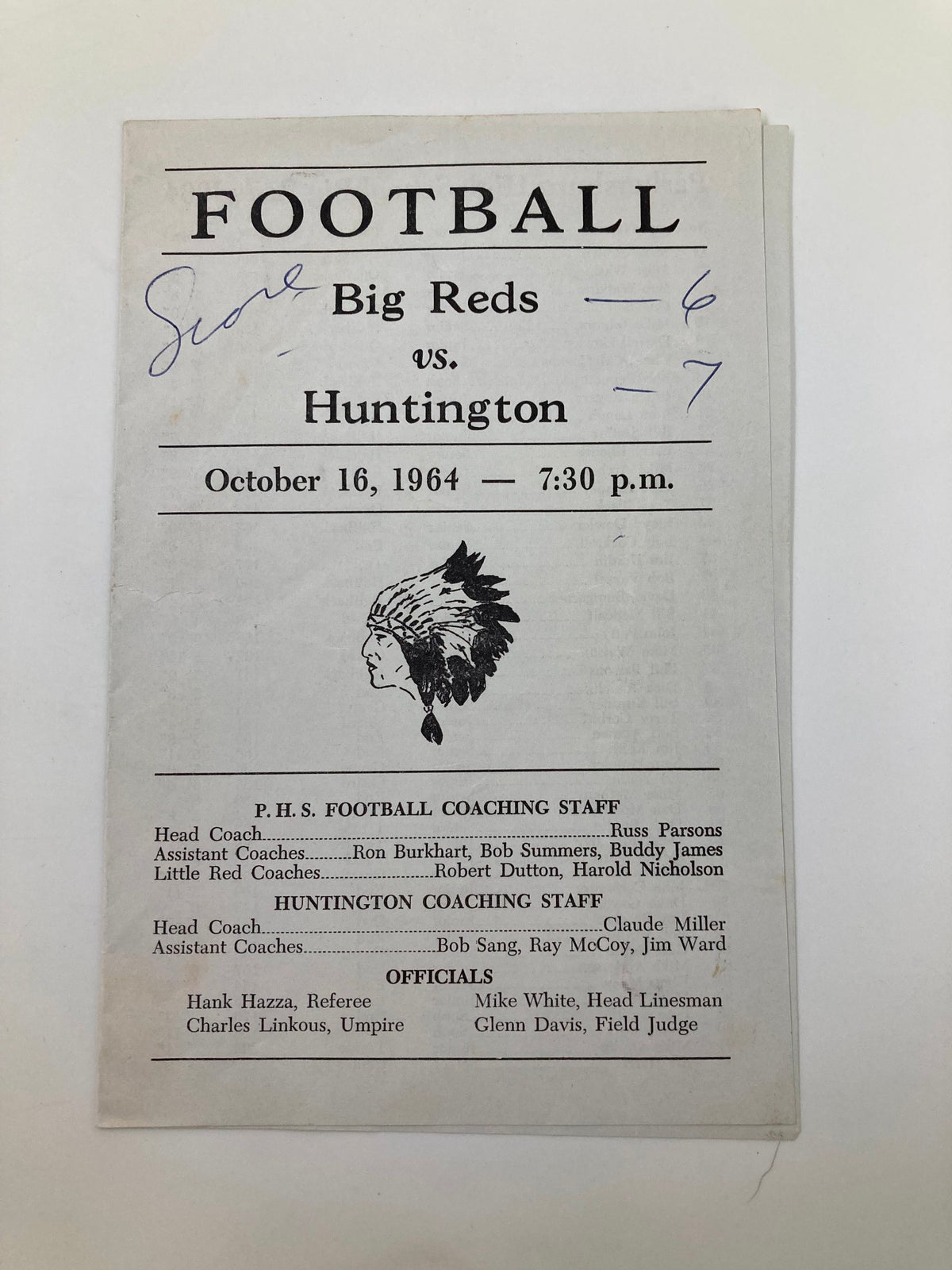 October 16, 1964 High School Football Program featuring Big Reds vs Huntington. The program showcases details such as the teams, score, and coaching staff, reflecting the history and nostalgia of high school football.