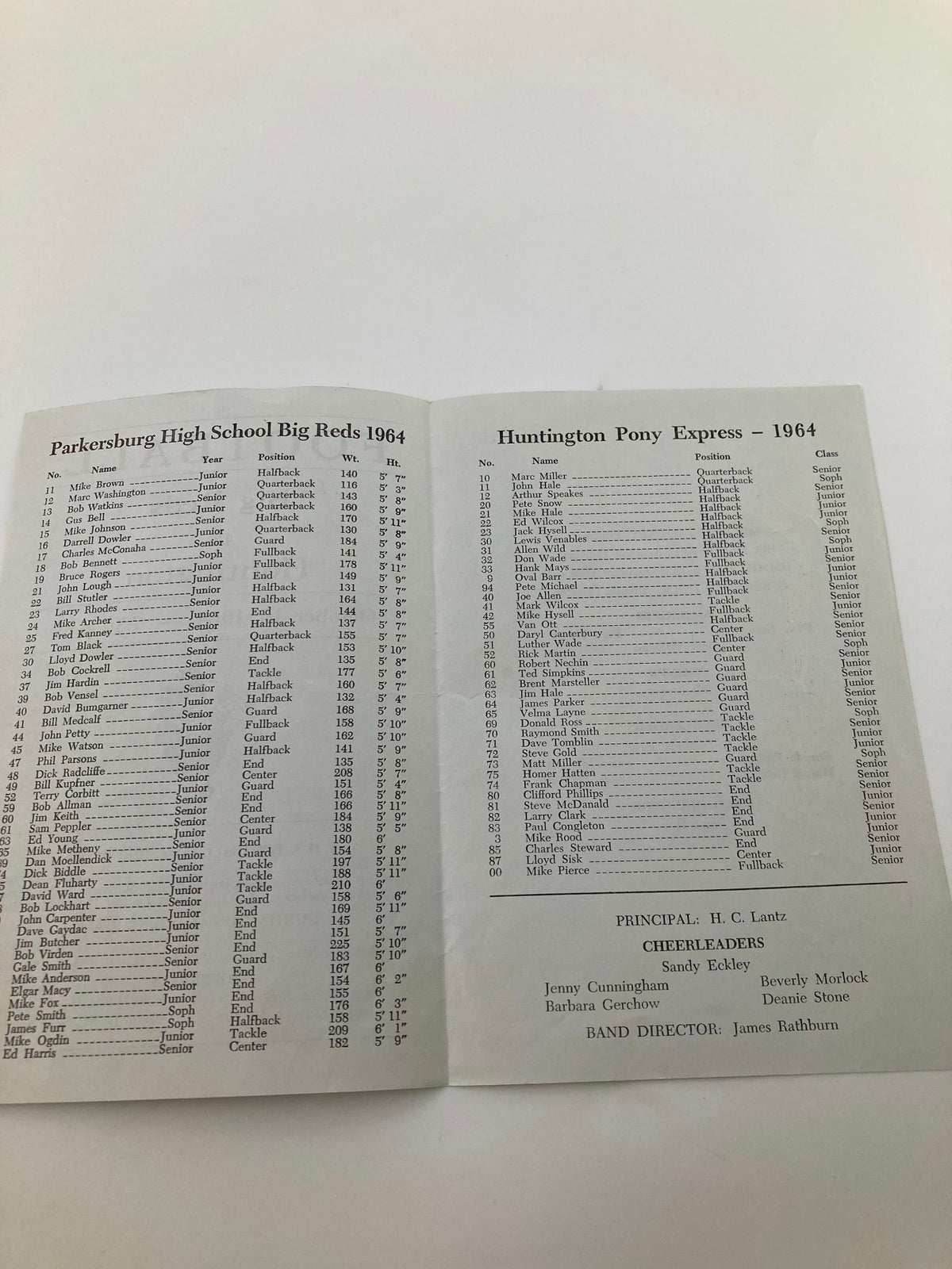 Inside page of the October 16, 1964 High School Football Program listing players of Parkersburg High School Big Reds and Huntington Pony Express.
