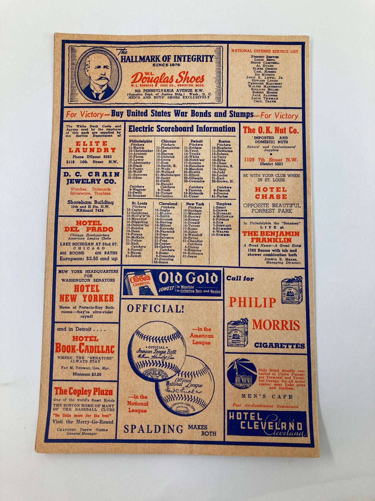 1943 Washington Senators MLB Baseball Club Official Score Card featuring vintage advertisements, player statistics, and game information, ideal for baseball collectors and enthusiasts.