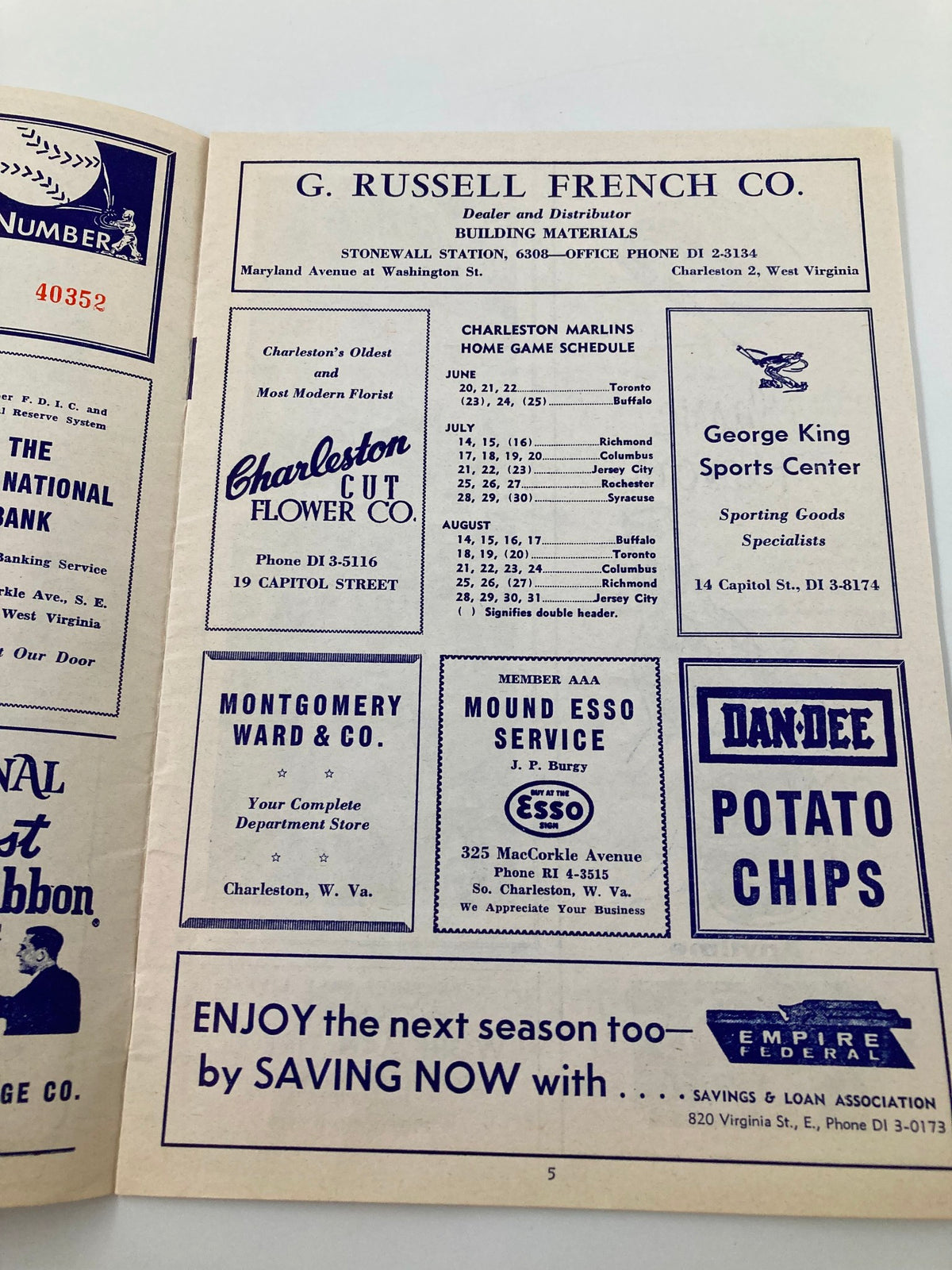 Another interior page of the 1961 Charleston Marlins Watt Powell Park Official Score Book displaying game schedule and further advertisements from local businesses.