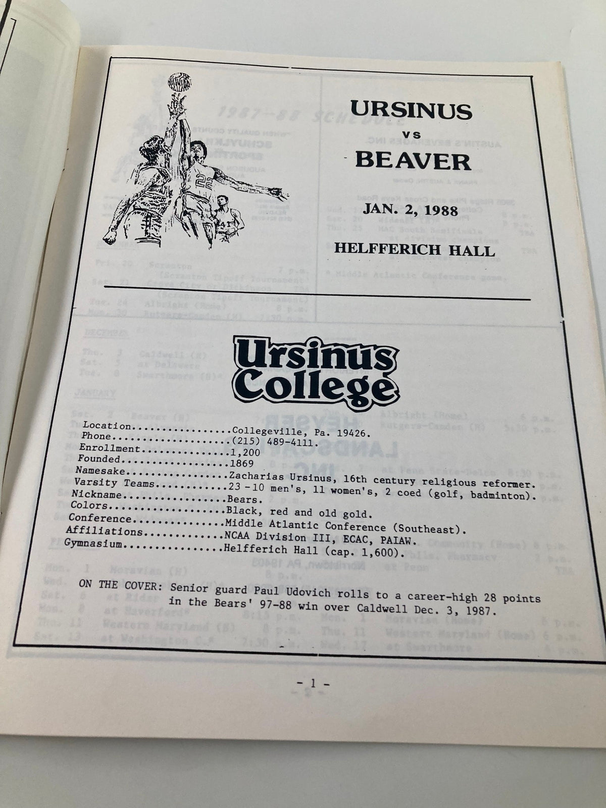 Inside page of January 2 1988 College Ursinus vs Beaver Basketball Official Program detailing the matchup and venue information, with a focus on the game played at Helfferich Hall.
