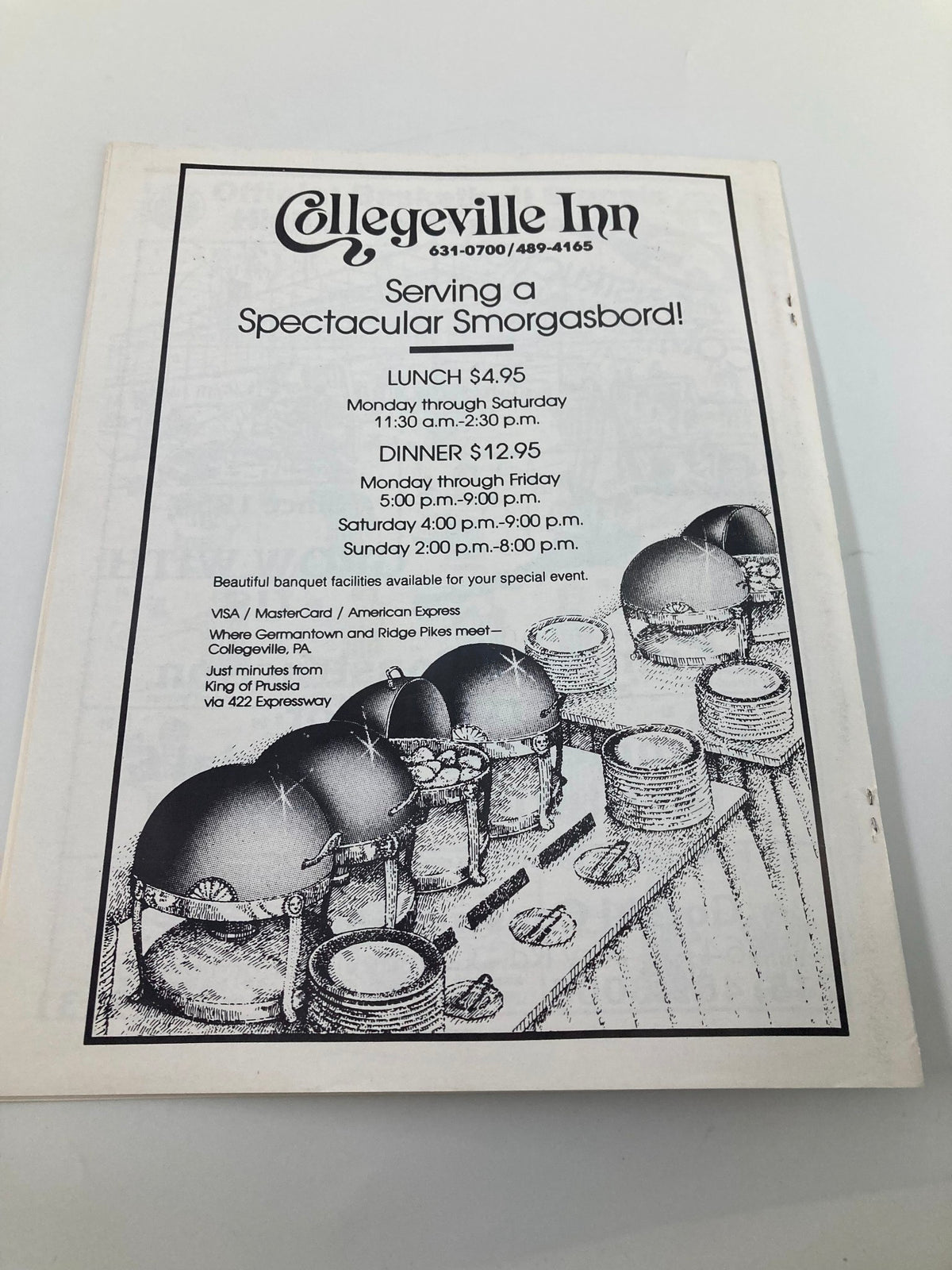 Promotional page for Collegeville Inn, featuring a smorgasbord menu, included in the January 2 1988 College Ursinus vs Beaver Basketball Official Program.