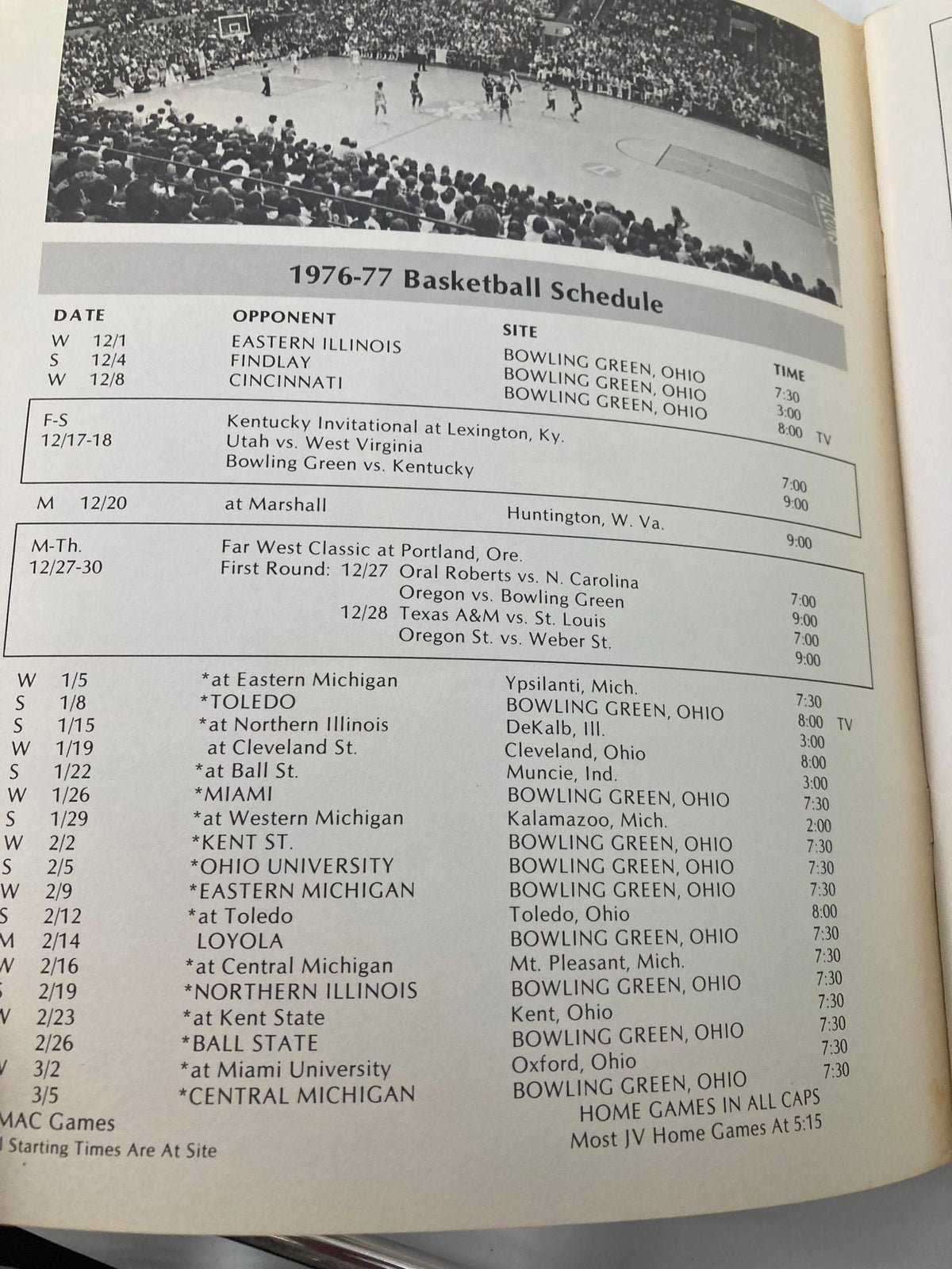Interior page of the 1976-1977 Bowling Green State University Basketball Schedule Program showcasing the complete basketball schedule for the season, with details on game dates and opponents.