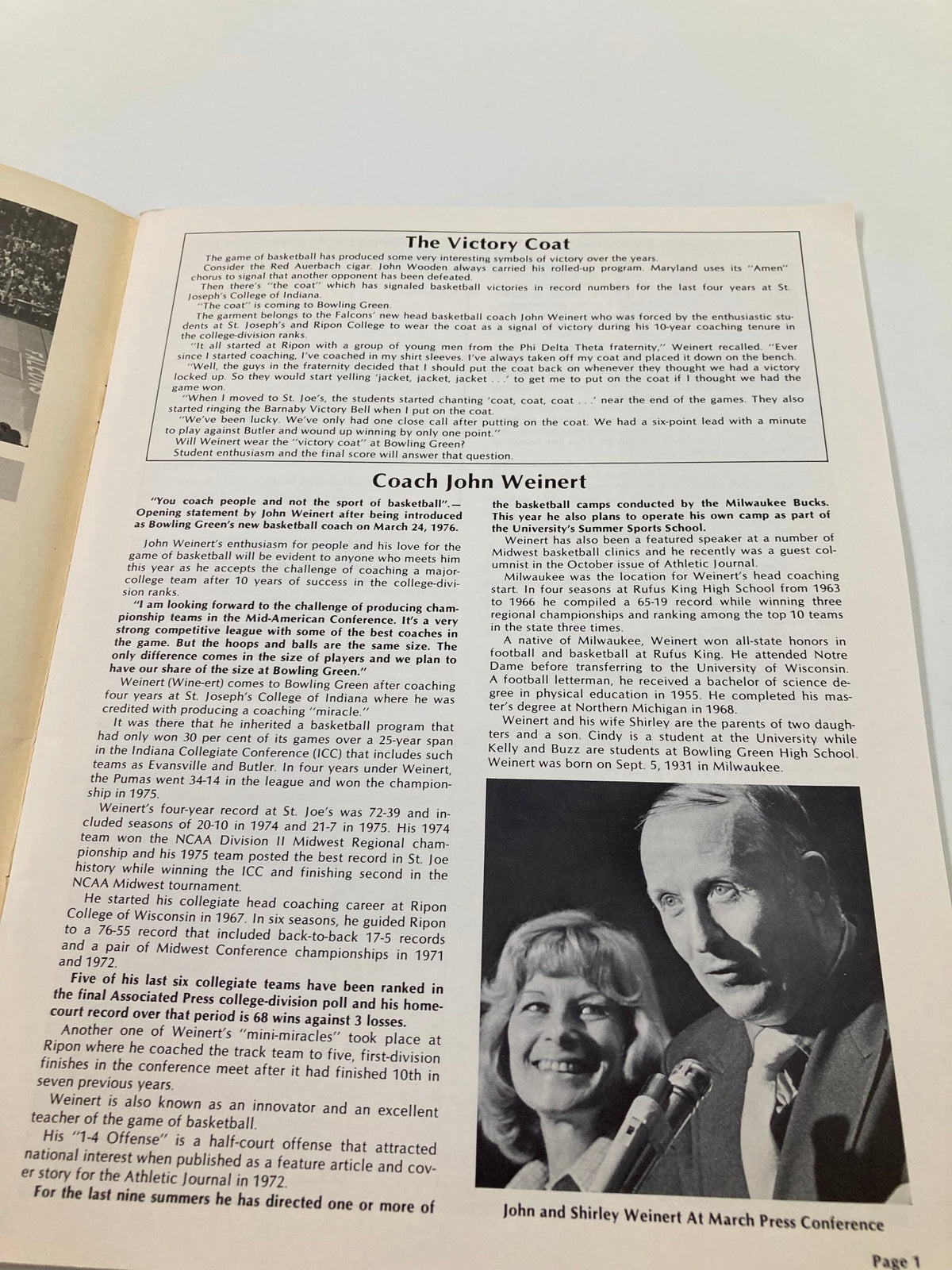 Page from the 1976-1977 Bowling Green State University Basketball Schedule Program titled 'The Victory Coat', discussing basketball traditions and introducing coach John Weinert.