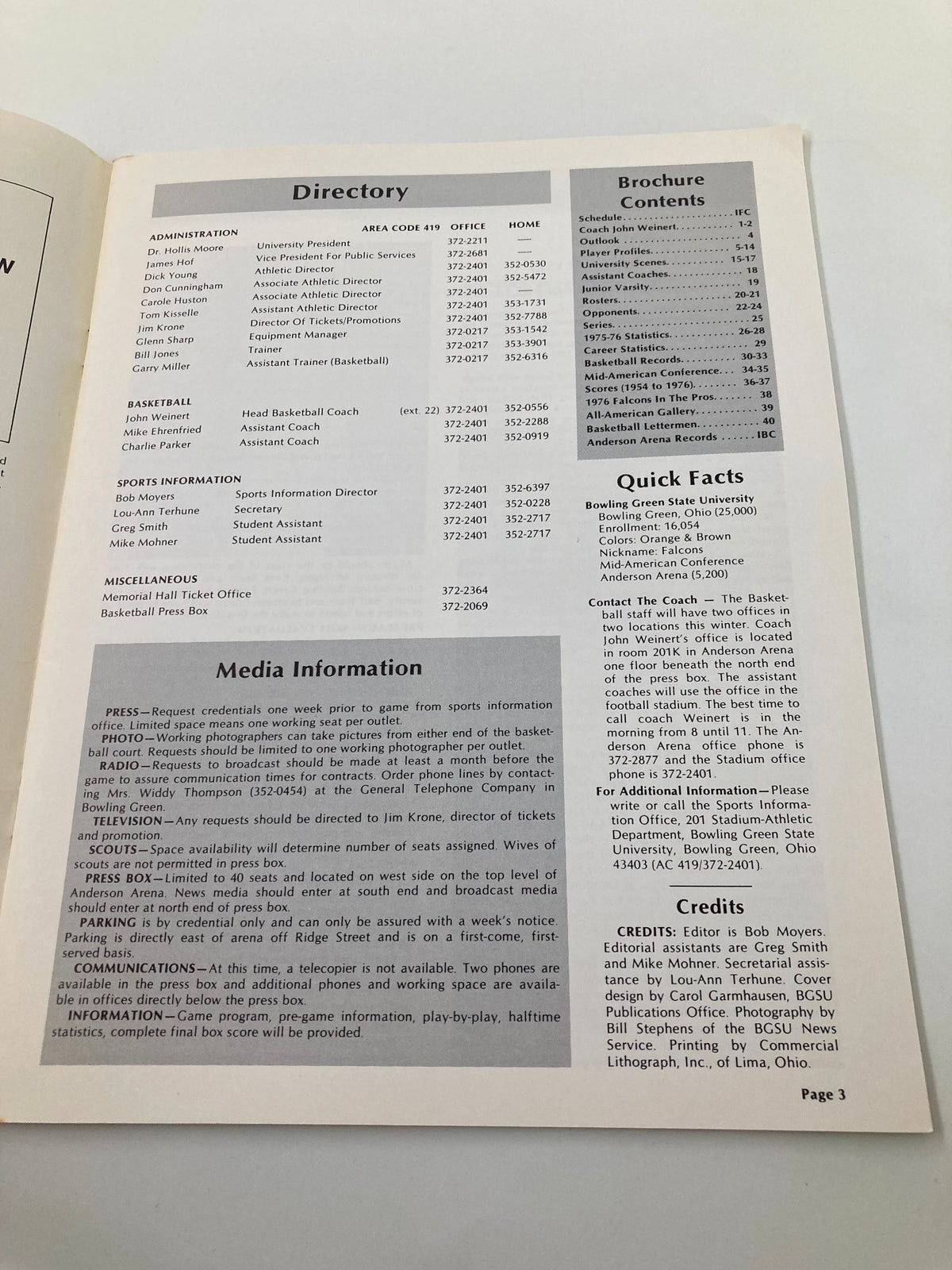 Directory page from the 1976-1977 Bowling Green State University Basketball Schedule Program including contact information for basketball administration and media.