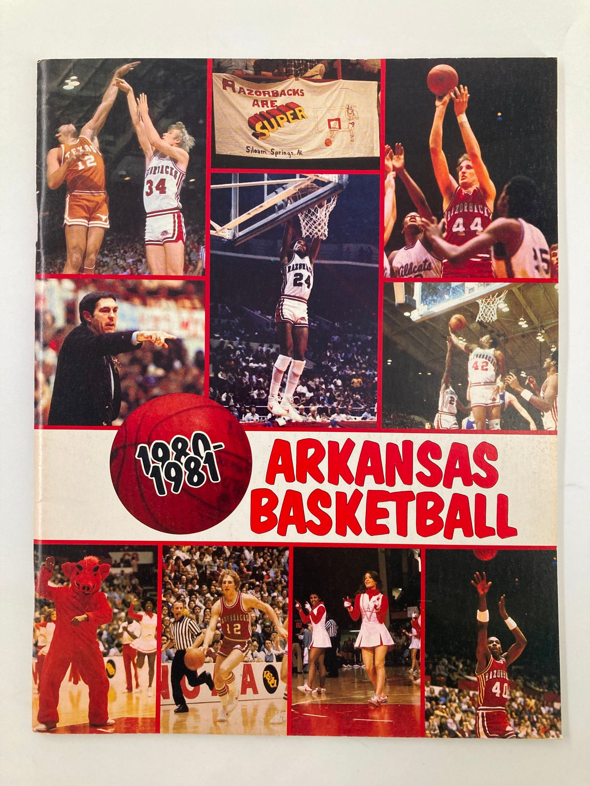 Cover of the 1980-1981 College Arkansas Basketball Official Program featuring action shots of players, coaches, and fans, highlighting the excitement of college basketball.