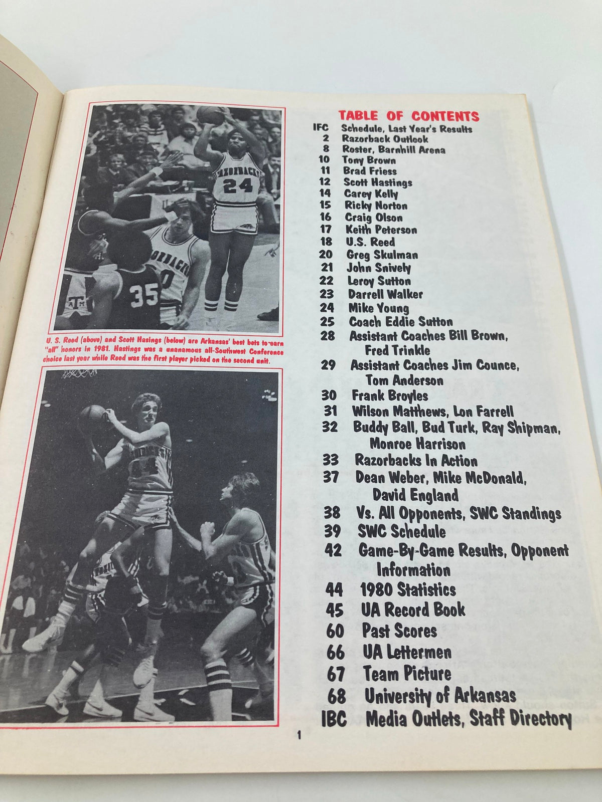 Table of contents from the 1980-1981 College Arkansas Basketball Official Program, listing team rosters, game statistics, and key player profiles, reflecting the historical significance of the season.