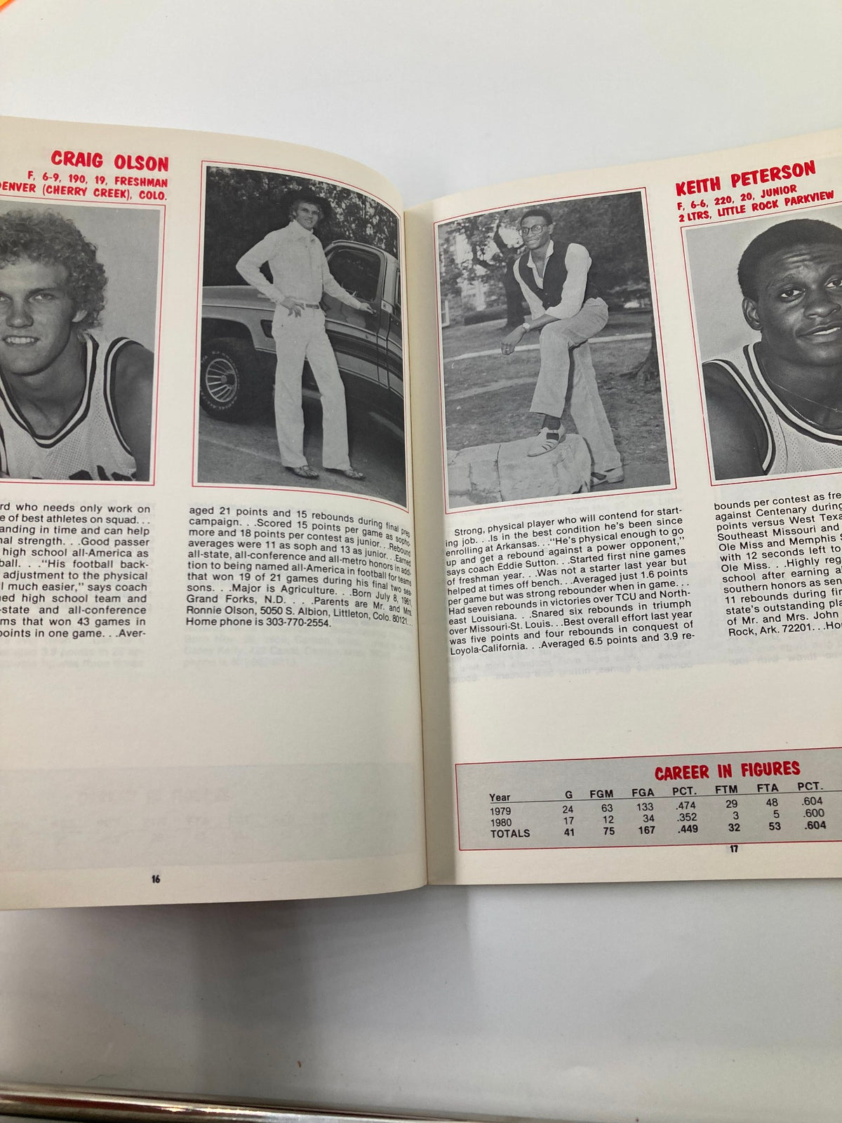 1980-1981 College Arkansas Basketball Official Program displaying photos and statistics for Craig Olson and Keith Peterson, illustrating their contributions to the team during the basketball season.