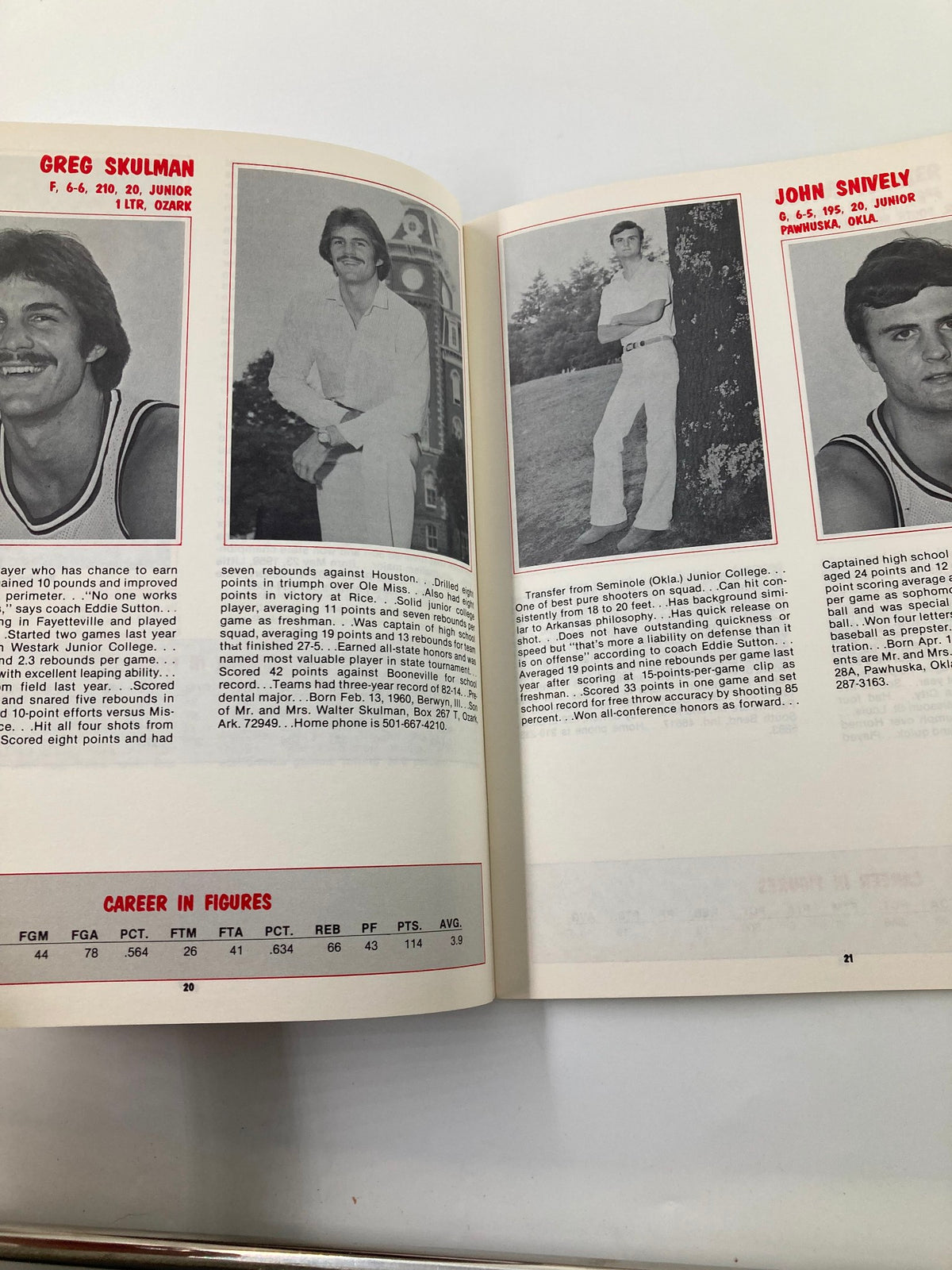 1980-1981 College Arkansas Basketball Official Program highlighting Greg Skulman and John Snively, including their player profiles and performance statistics.
