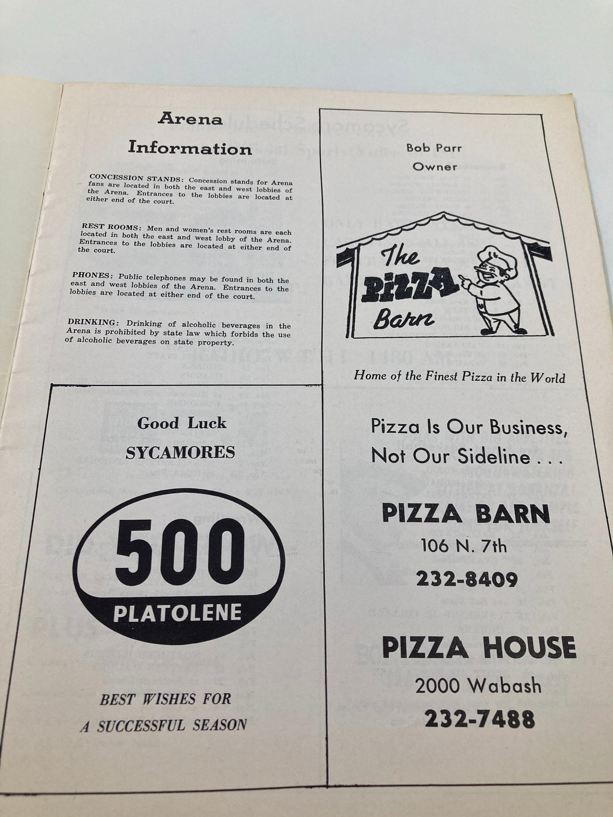 Inside page of the February 19, 1969 The College Game Indiana State vs Valparaiso Official Program providing arena information and advertisements.