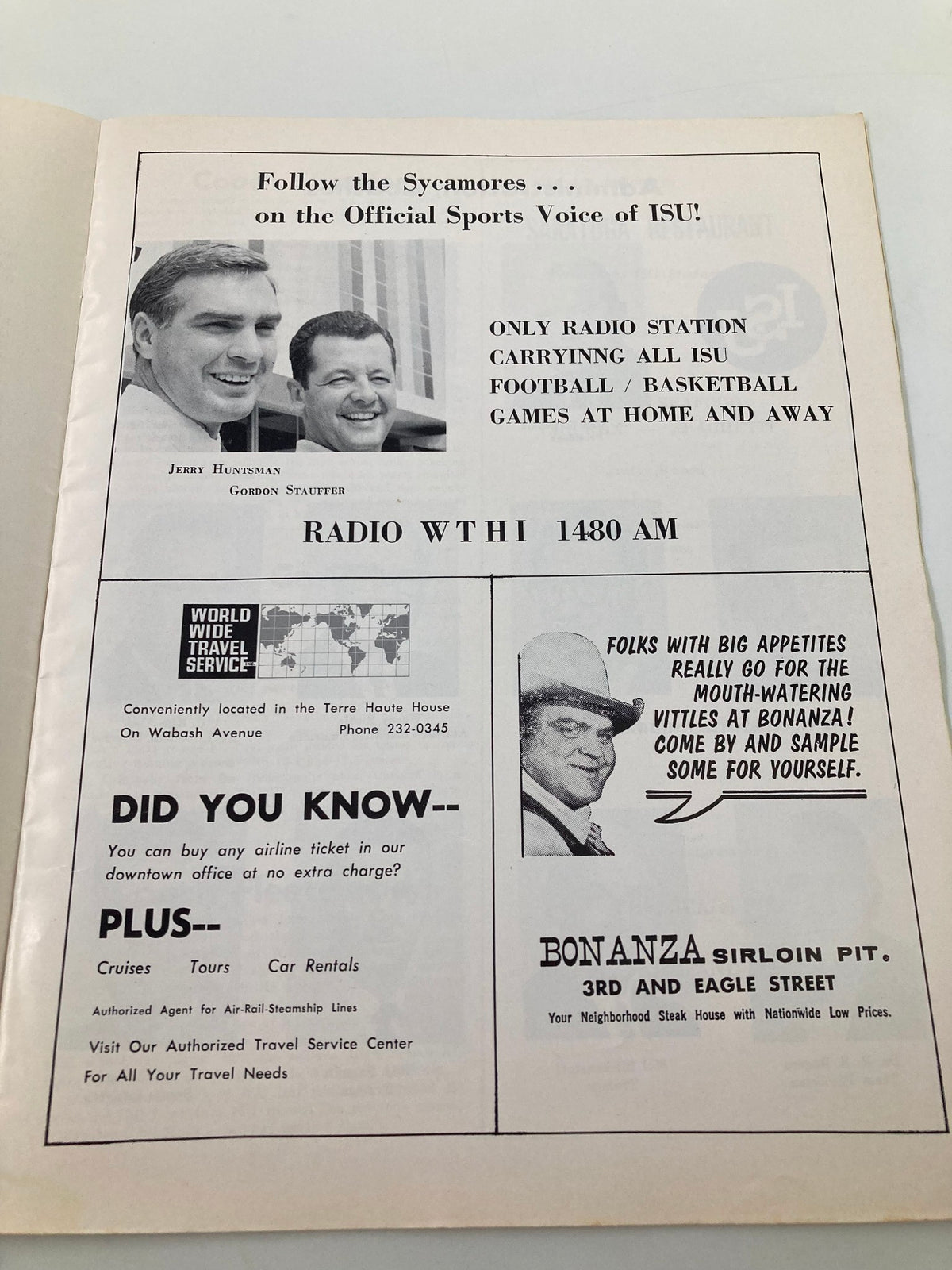 Another inside page of the February 19, 1969 The College Game Indiana State vs Valparaiso Official Program featuring radio station information and local business advertisements.