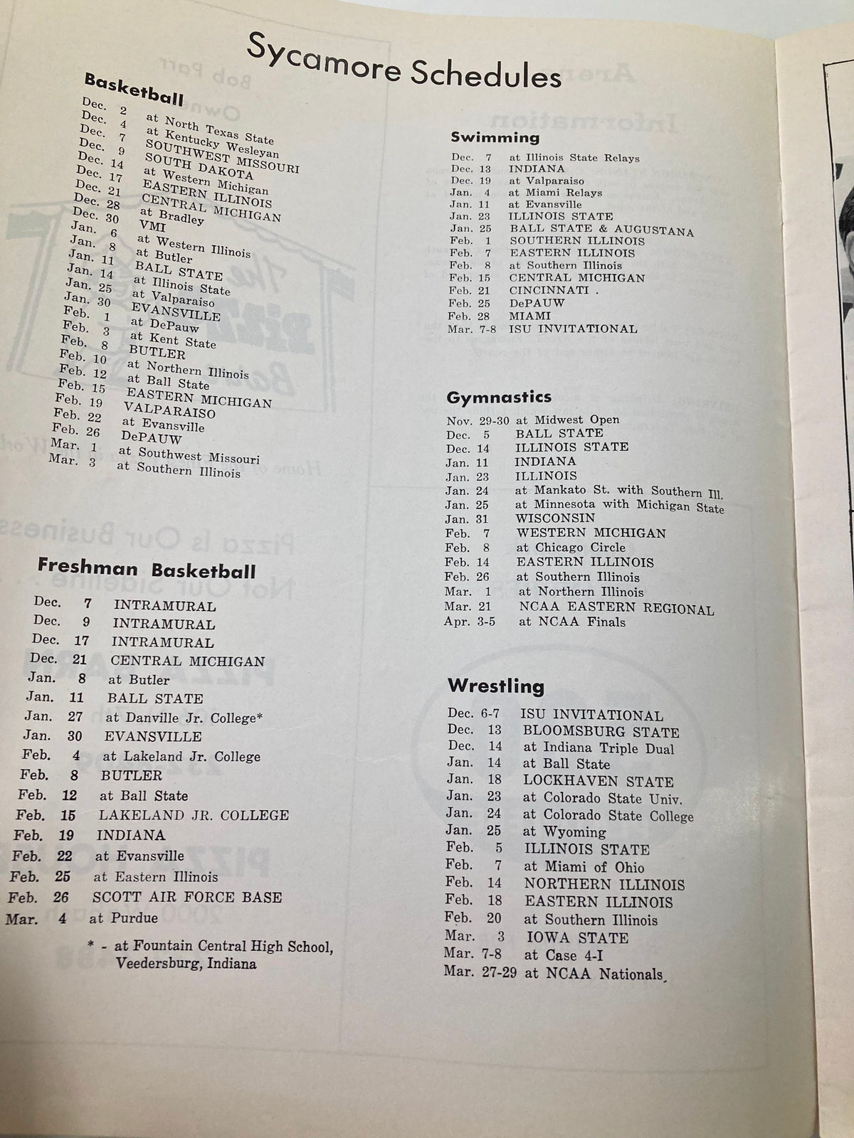 Sycamore Basketball Schedules from the February 19 1969 Official Program of Indiana State vs Valparaiso showing match dates and teams.