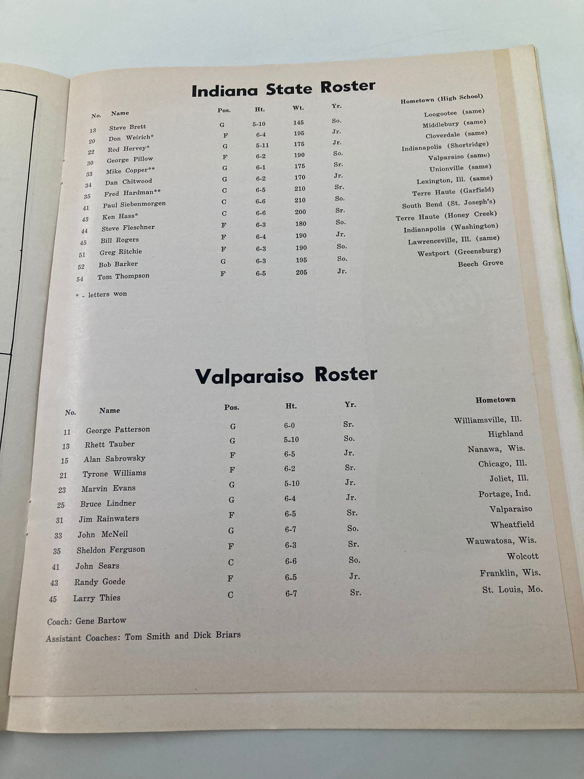 Indiana State and Valparaiso Rosters from the February 19 1969 Official Program detailing players, positions, and stats.