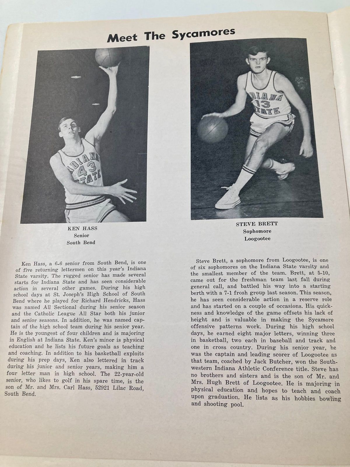 Profile of Ken Hass and Steve Brett featured in the February 19 1969 Official Program of Indiana State vs Valparaiso, highlighting their stats and backgrounds.
