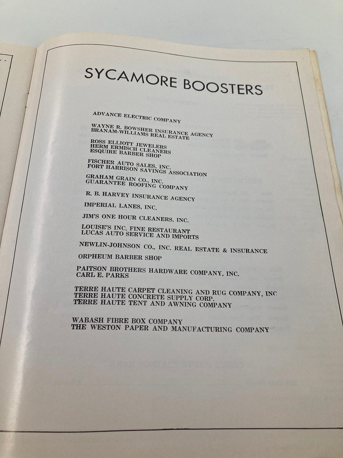 List of Sycamore Boosters in the February 19 1969 Official Program for Indiana State vs Valparaiso, showcasing local business support for the team.