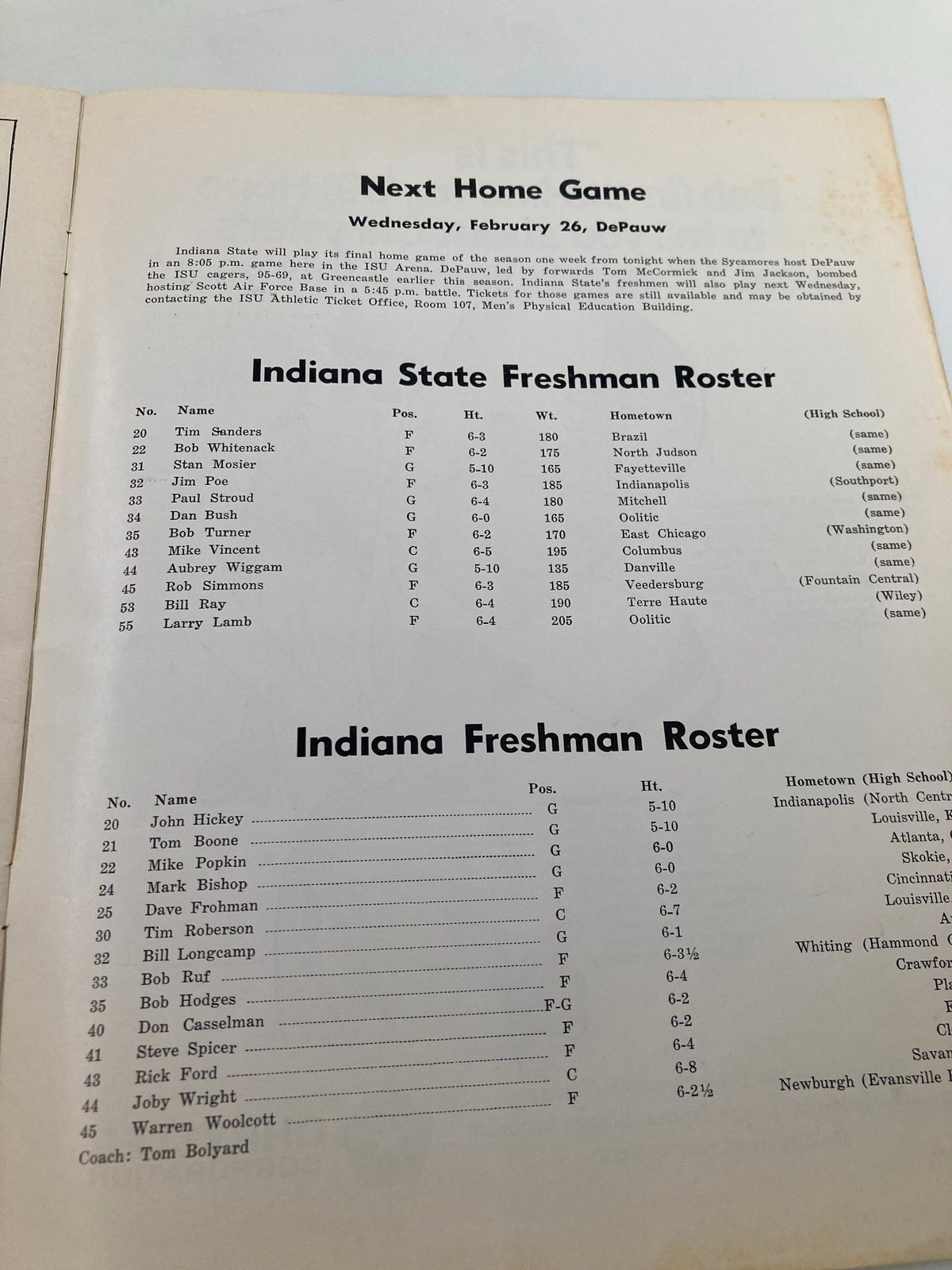 Next Home Game announcement and Indiana State Freshman Roster from the February 19 1969 Official Program of Indiana State vs Valparaiso.