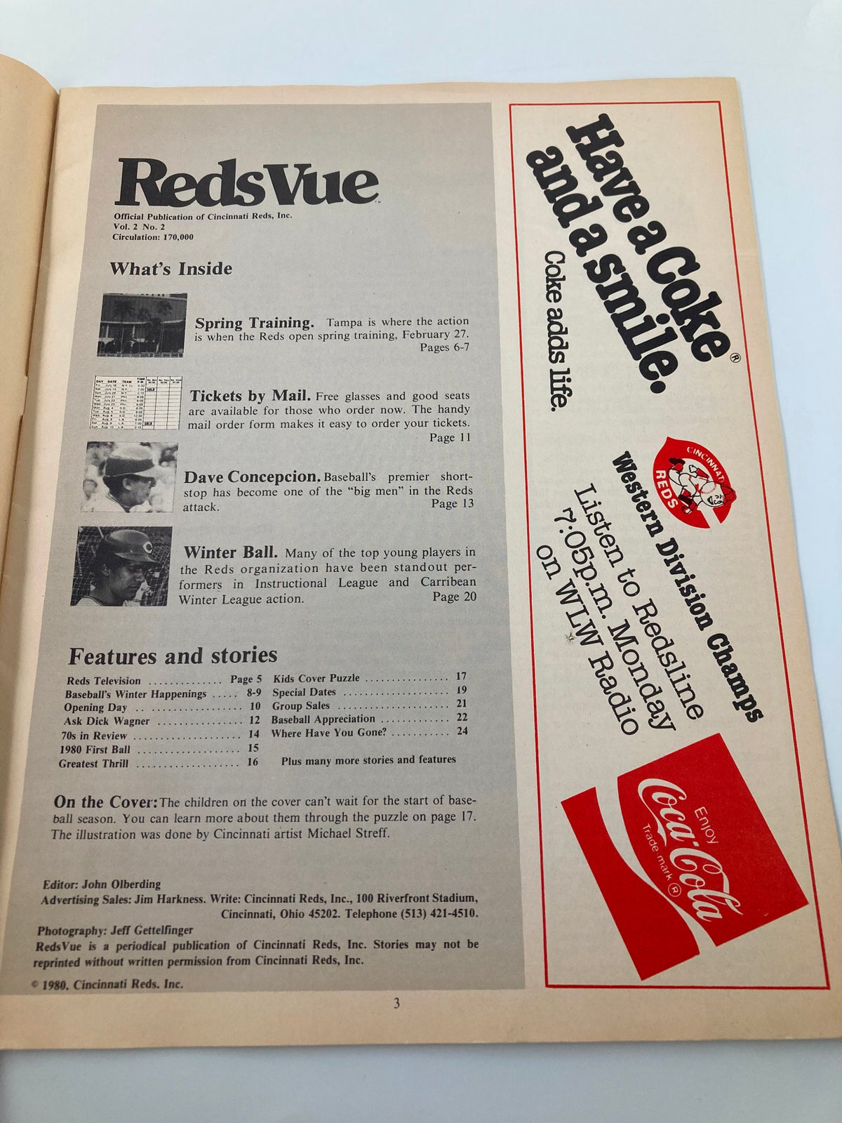 Inside page of January 1980 Vol. 2 #2 Reds Vue magazine showcasing features, stories, and advertisements including 'Have a Coke and a Smile,' highlighting the Cincinnati Reds and baseball season updates.