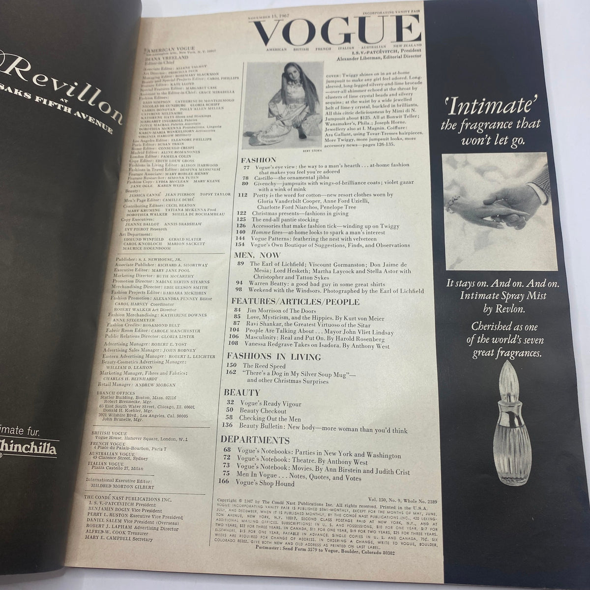 Vogue Magazine November 15, 1967 contents page featuring iconic fashion trends and articles, showcasing Twiggy by Bert Stern.