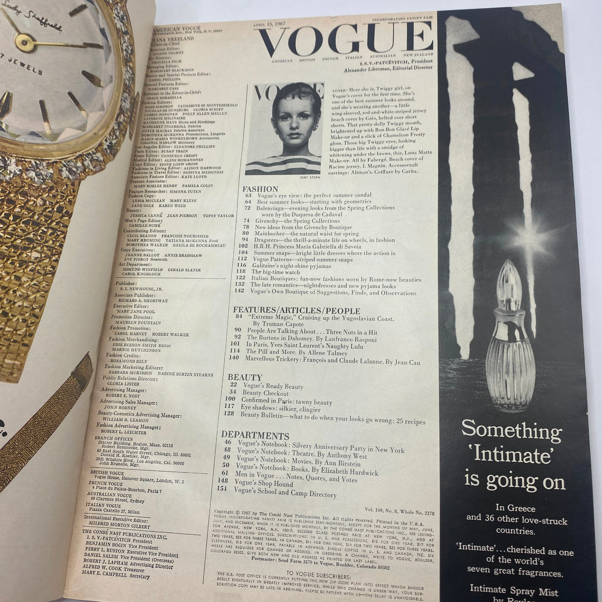 VTG Vogue Magazine April 15, 1967 - Twiggy by Bert Stern featuring a table of contents and a black-and-white advertisement for Intimate Spring Mist.