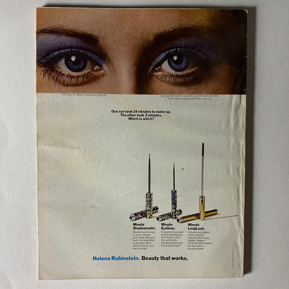 Back cover of VTG Vogue Magazine March 1, 1972 showcasing a beauty advertisement by Helena Rubinstein with an eye-catching design and dramatic makeup.