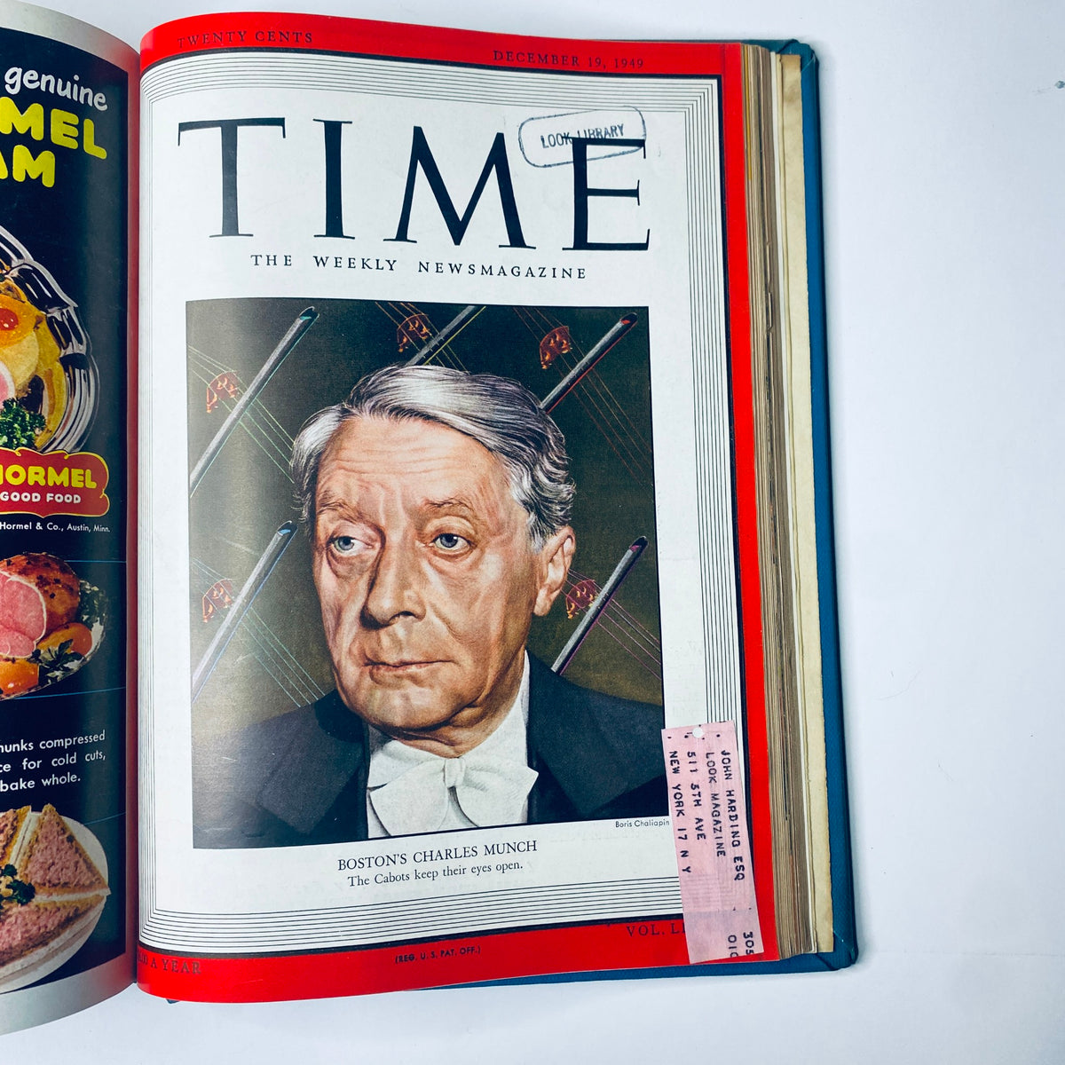 Cover of Time Magazine from December 19, 1949 featuring conductor Charles Munch. Part of the Time Magazine Library Bound Weekly, October 3 to December 26, 1949.