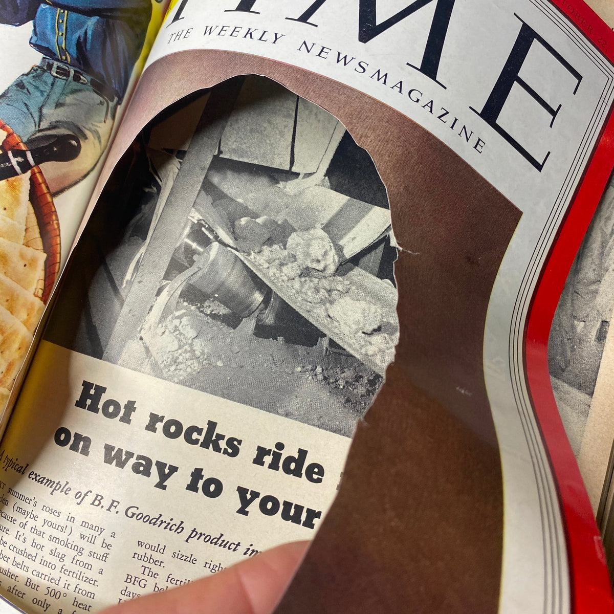 Close-up of the cut-out area from the Time Library Bound Weekly Magazine cover dated October 22, 1951, displaying the editorial content focusing on Senator McCarthy.