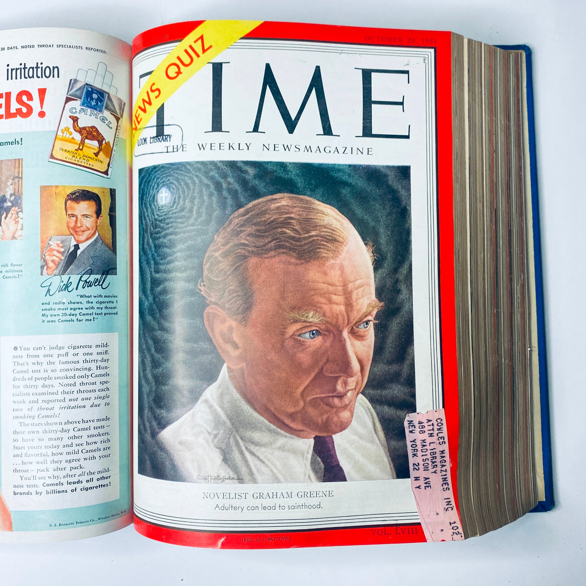 Cover of Time Library Bound Weekly Magazine from October 29, 1951, featuring British novelist Graham Greene, capturing contemporary cultural insights from the early 1950s.