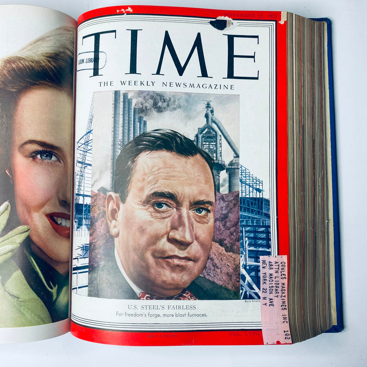 Cover of Time Magazine Library Bound Weekly for November 12, 1951, featuring U.S. Steel's Benjamin Fairless with industrial background, part of the collection from October 1 to December 24, 1951.