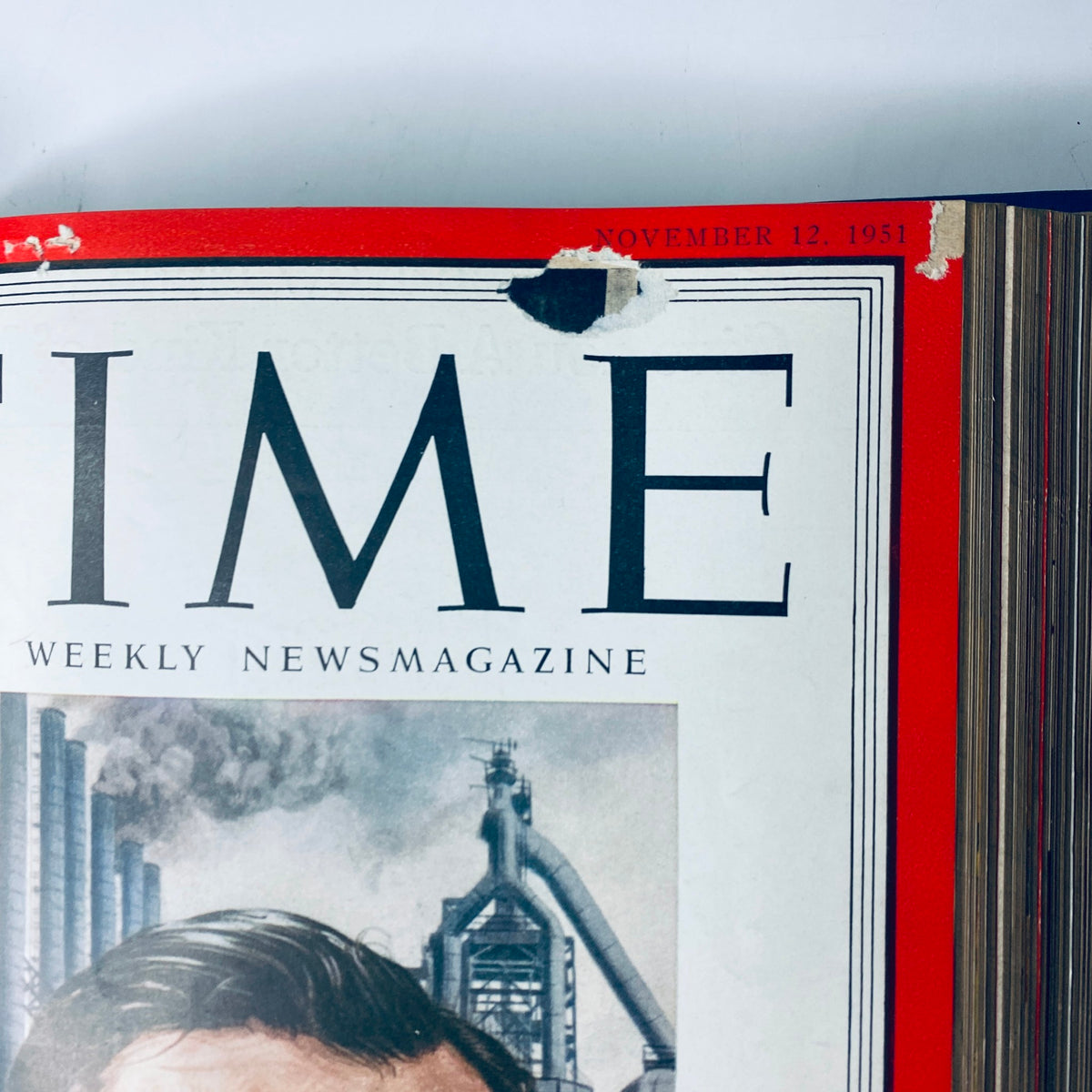 Close-up of the cover of Time Magazine Library Bound Weekly dated November 12, 1951, showcasing U.S. Steel's Fairless, included in the collection from October 1 to December 24, 1951.