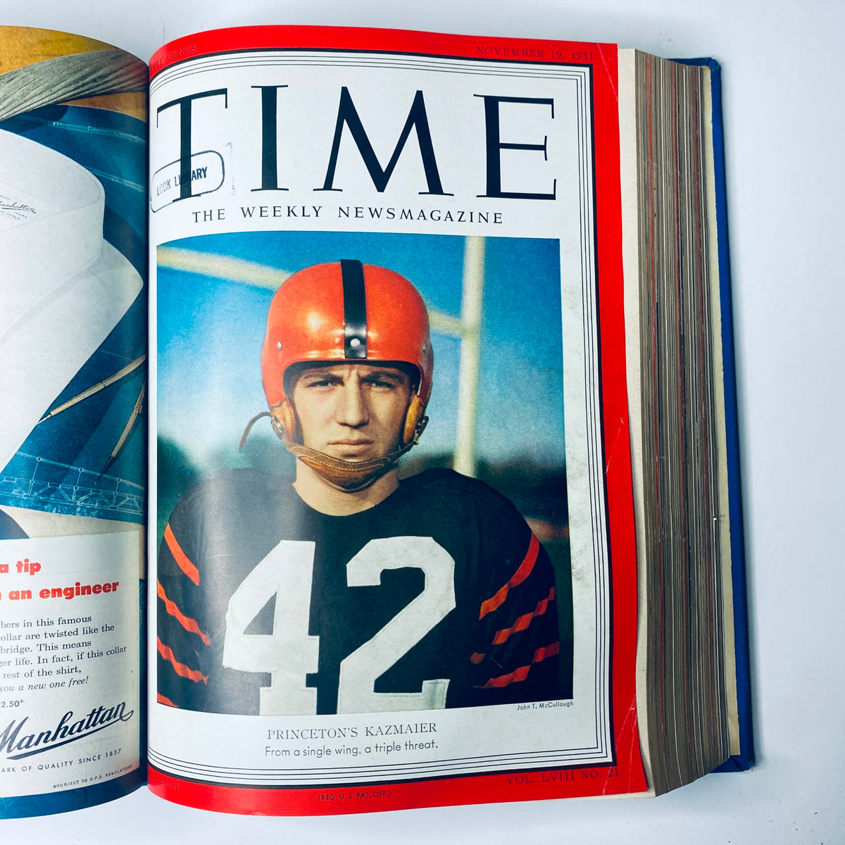 Cover of Time Magazine Library Bound Weekly for November 10, 1951, featuring Princeton football star Dick Kazmaier, part of the collection covering October 1 to December 24, 1951.