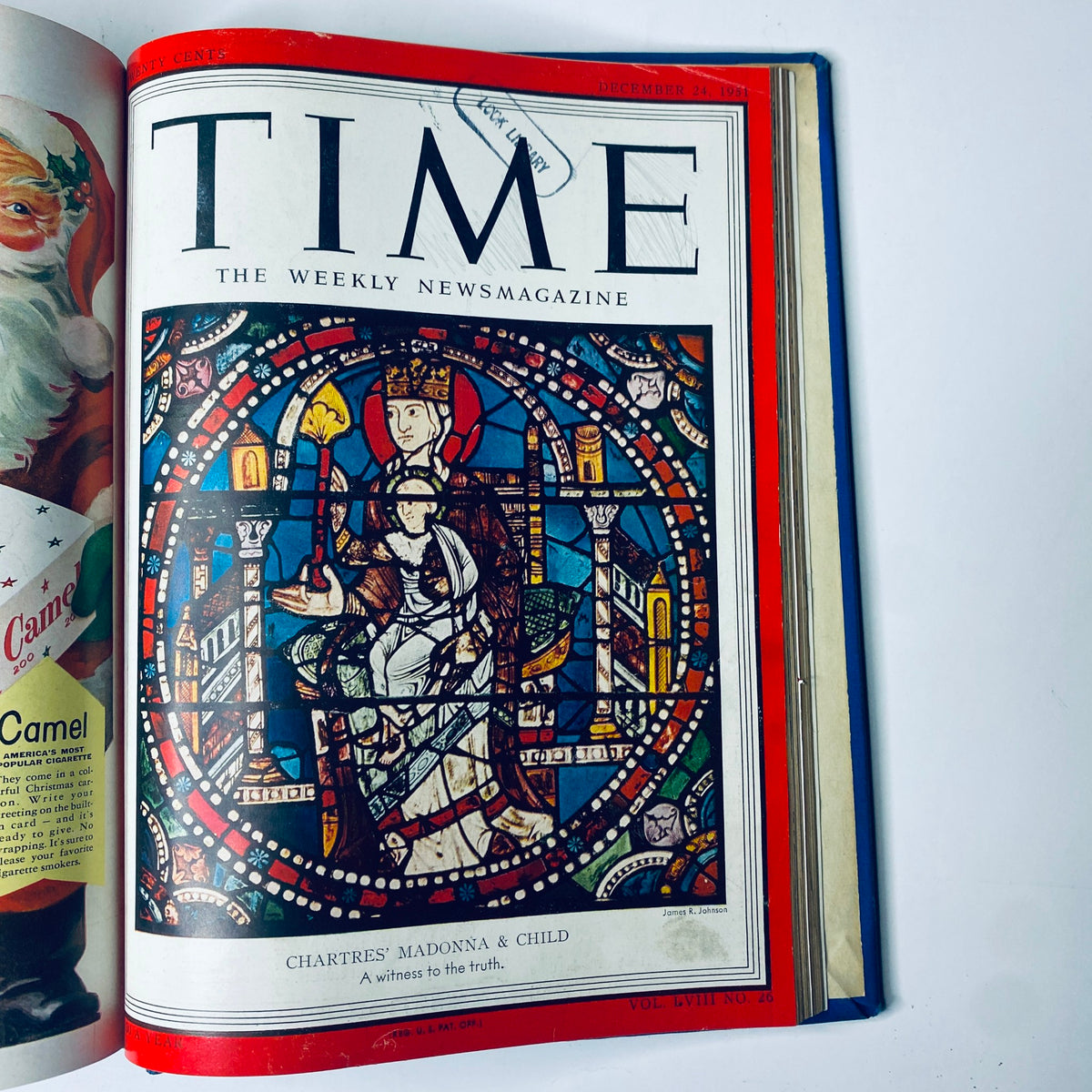 Cover of Time Library Bound Weekly Magazine from December 24, 1951, depicting the stained glass artwork of Chartres Madonna and Child, illustrating themes of truth and tradition.