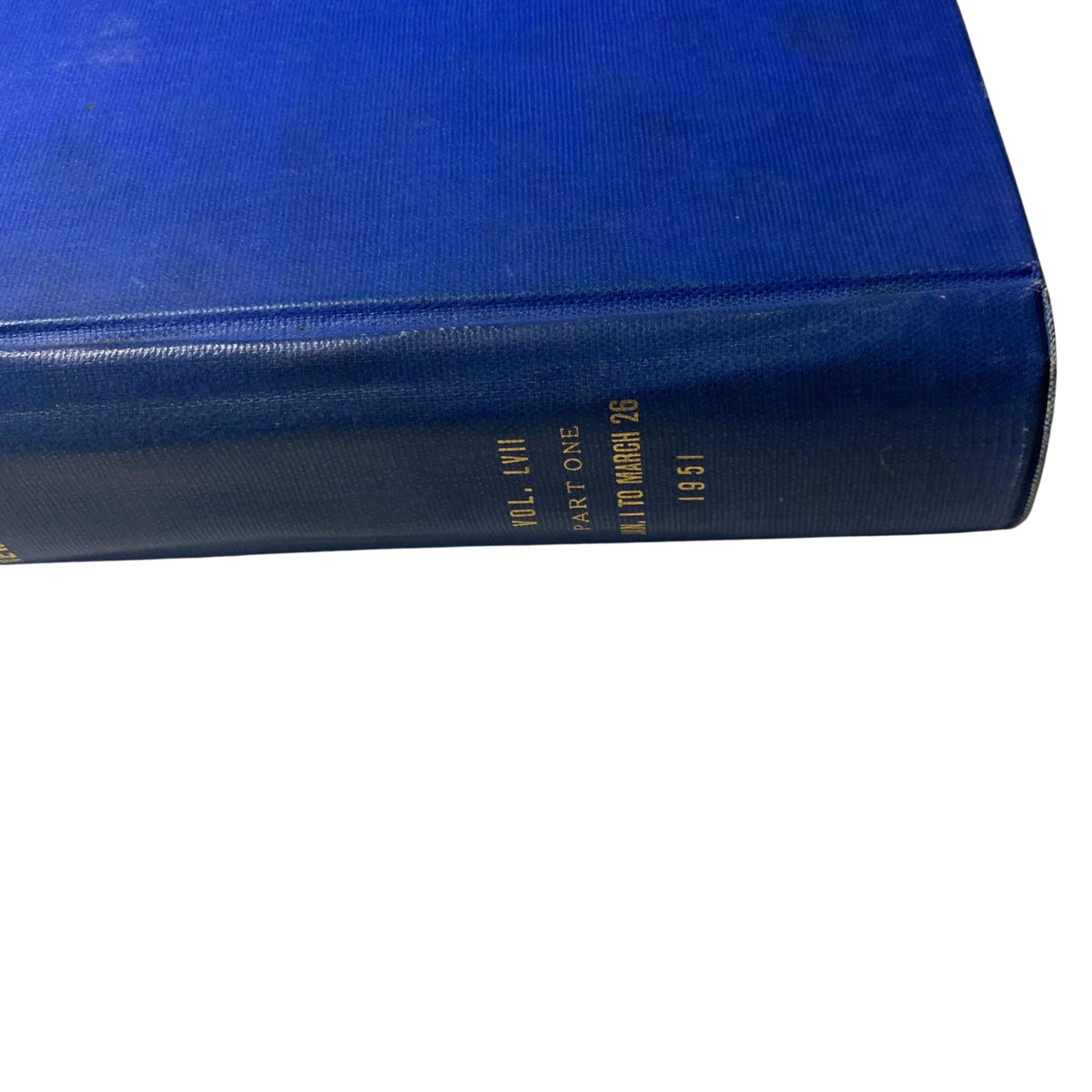 Close-up of the spine of the Time Library Bound Weekly magazine, mentioning 'VOL. LVII PART ONE JANUARY 1 TO MARCH 26 1951', featuring the title 'Time Magazine Library Bound Weekly January 1, 1951 - March 26, 1951'.