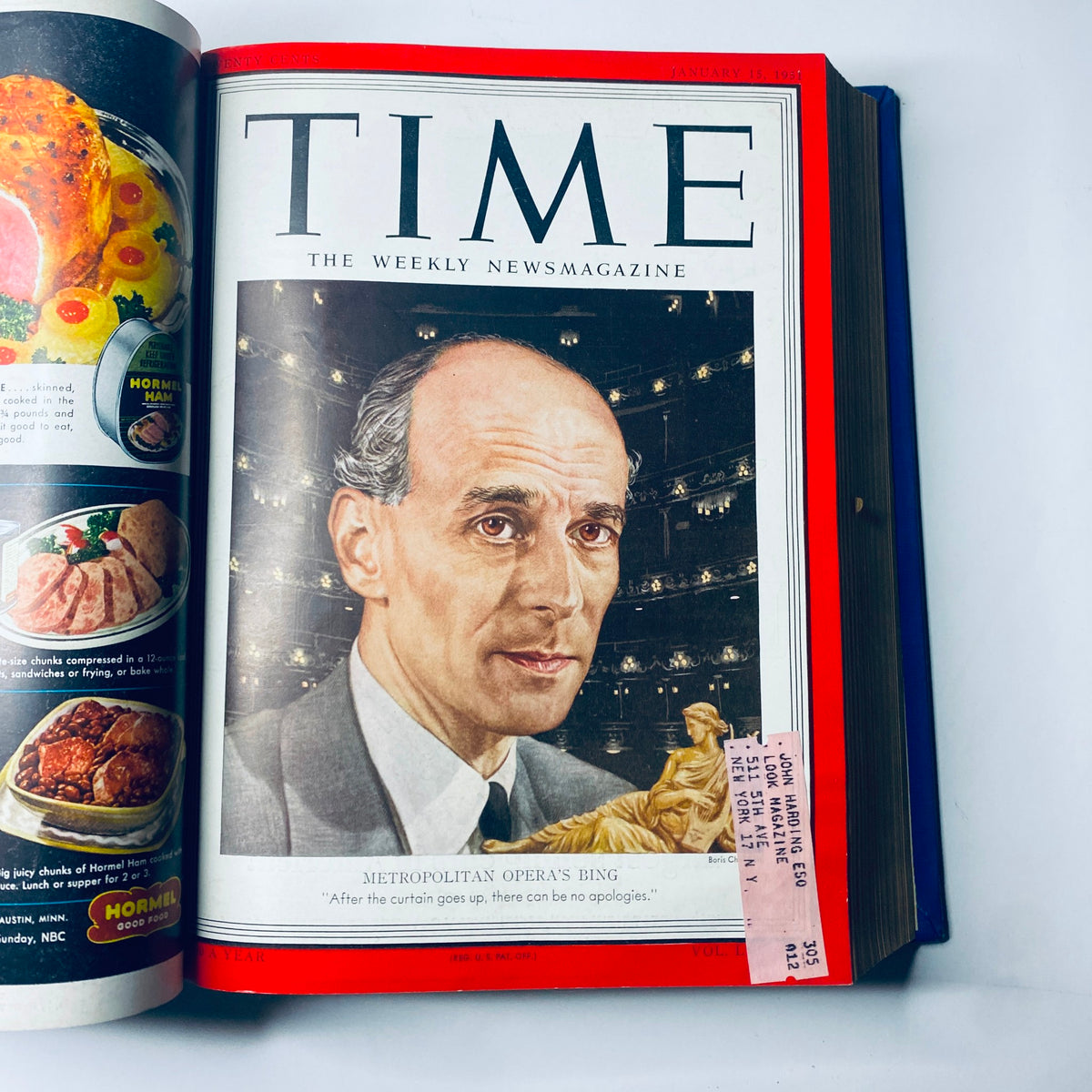 Cover page of Time Magazine dated January 15, 1951, featuring Rudolf Bing, General Manager of the Metropolitan Opera, related to 'Time Magazine Library Bound Weekly January 1, 1951 - March 26, 1951'.