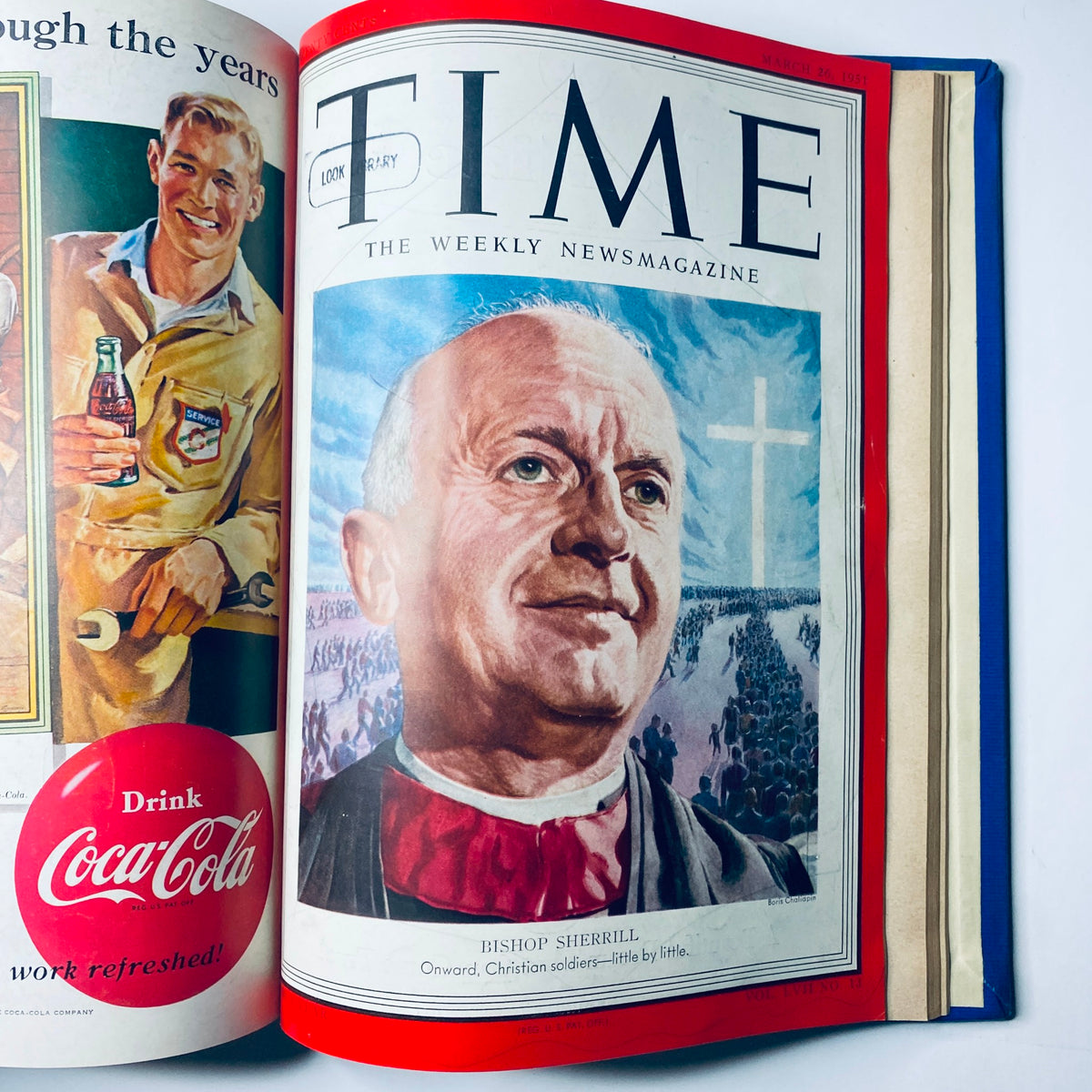 Cover of Time Magazine Library Bound Weekly, January 1 to March 26, 1951 illustrating Bishop Sherrill, reflecting on religious themes during the postwar era.