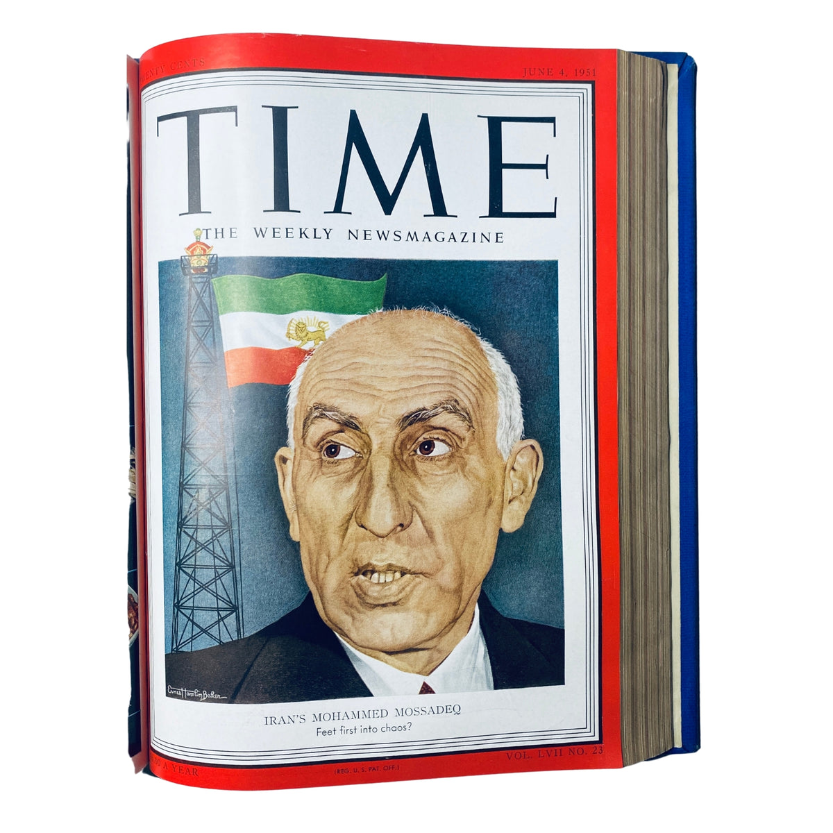 Cover of the Time Magazine Library Bound April 1951 showcasing Iran's Mohammed Mossadeq, with a portrait and the Iranian flag in the background.