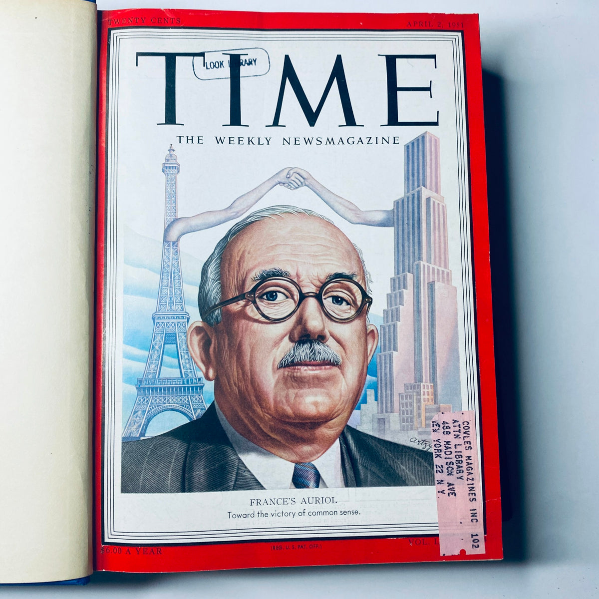 Cover page of the April 2, 1951 issue of 'Time Magazine' featuring Vincent Auriol, President of France, from the collection 'Time Magazine Library Bound April 1951 - June 25 1951 Irans Mohammed Mossadeq'.