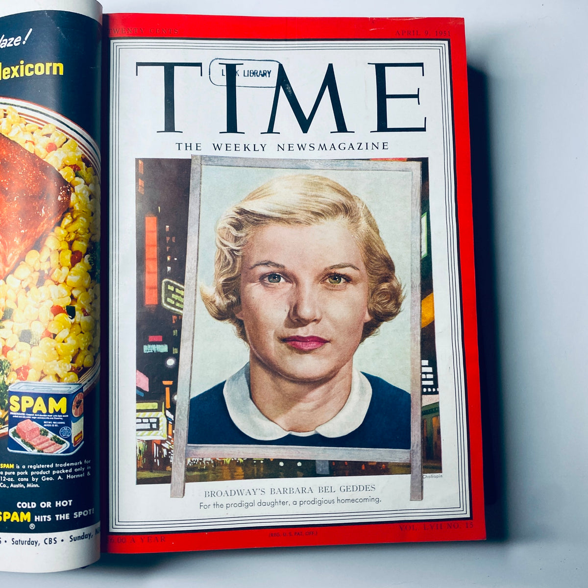 Cover page of the April 9, 1951 issue of 'Time Magazine' showcasing Barbara Bel Geddes, Broadway Star, from 'Time Magazine Library Bound April 1951 - June 25 1951 Irans Mohammed Mossadeq'.