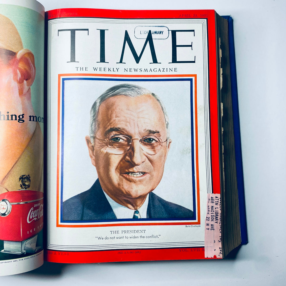 Cover of Time Magazine Library Bound April 1951 - June 25 1951 featuring President Harry S. Truman, depicting his stance on global conflicts with a quote.