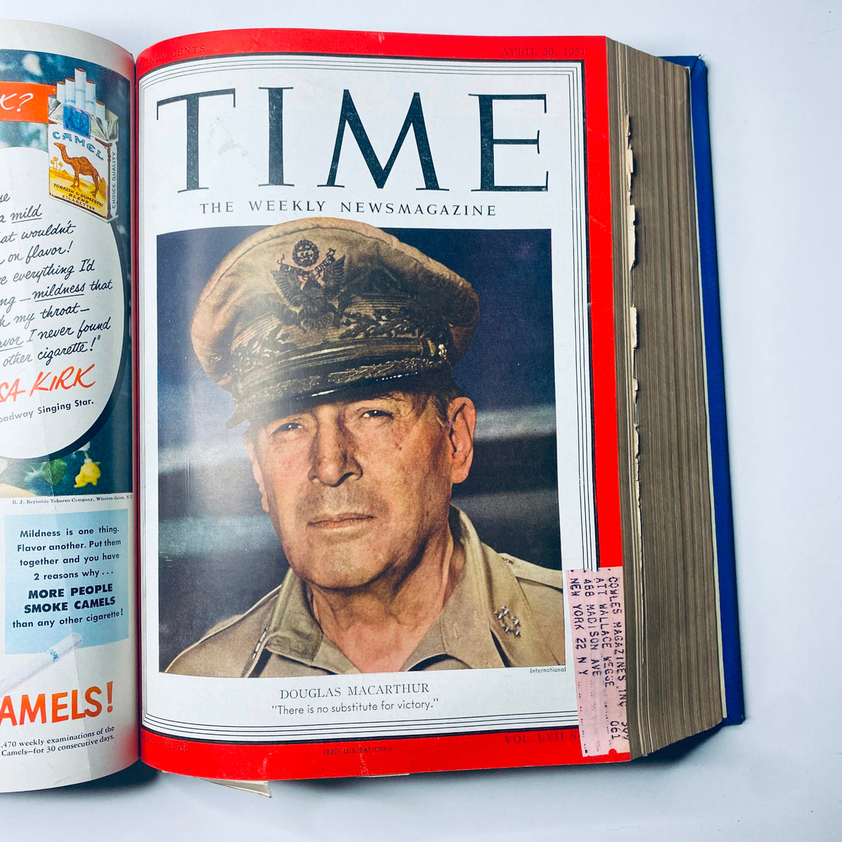 Cover of Time Magazine Library Bound April 1951 - June 25 1951 highlighting General Douglas MacArthur with a quote about victory, illustrating military leadership.