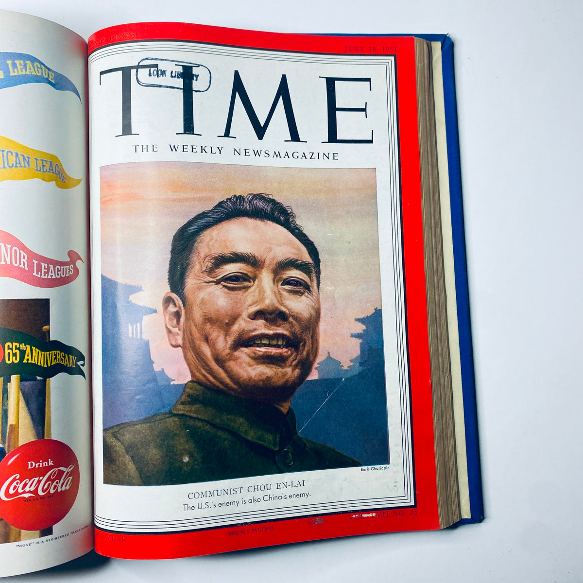 Cover of Time Magazine Library Bound April 1951 - June 25, 1951 highlighting Communist Chou En-Lai, discussing US-China relations.