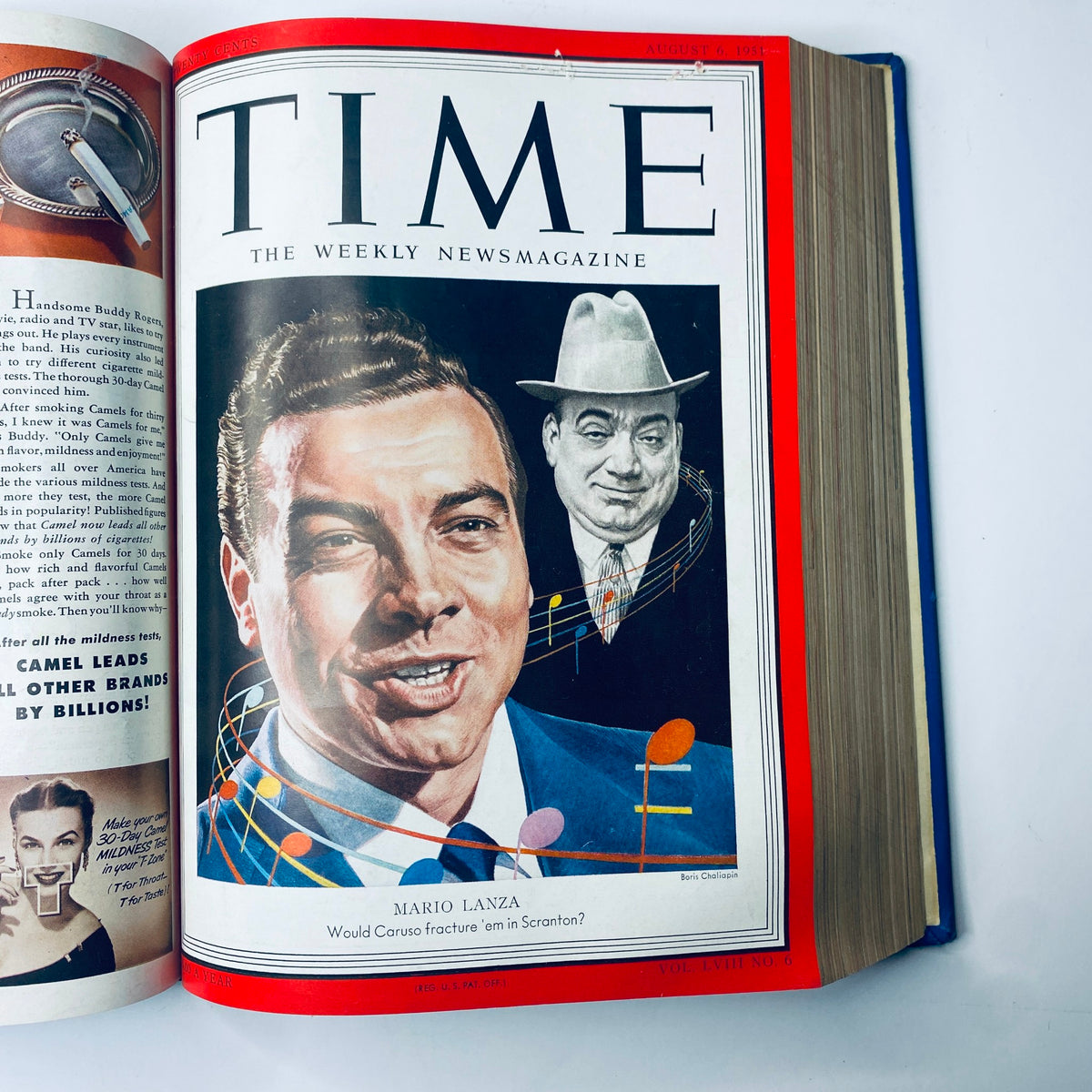 Cover of Time Magazine for August 6, 1951, showcasing the renowned singer Mario Lanza, with the tagline 'Would Caruso fracture 'em in Scranton?', reflecting the cultural influences of that time.
