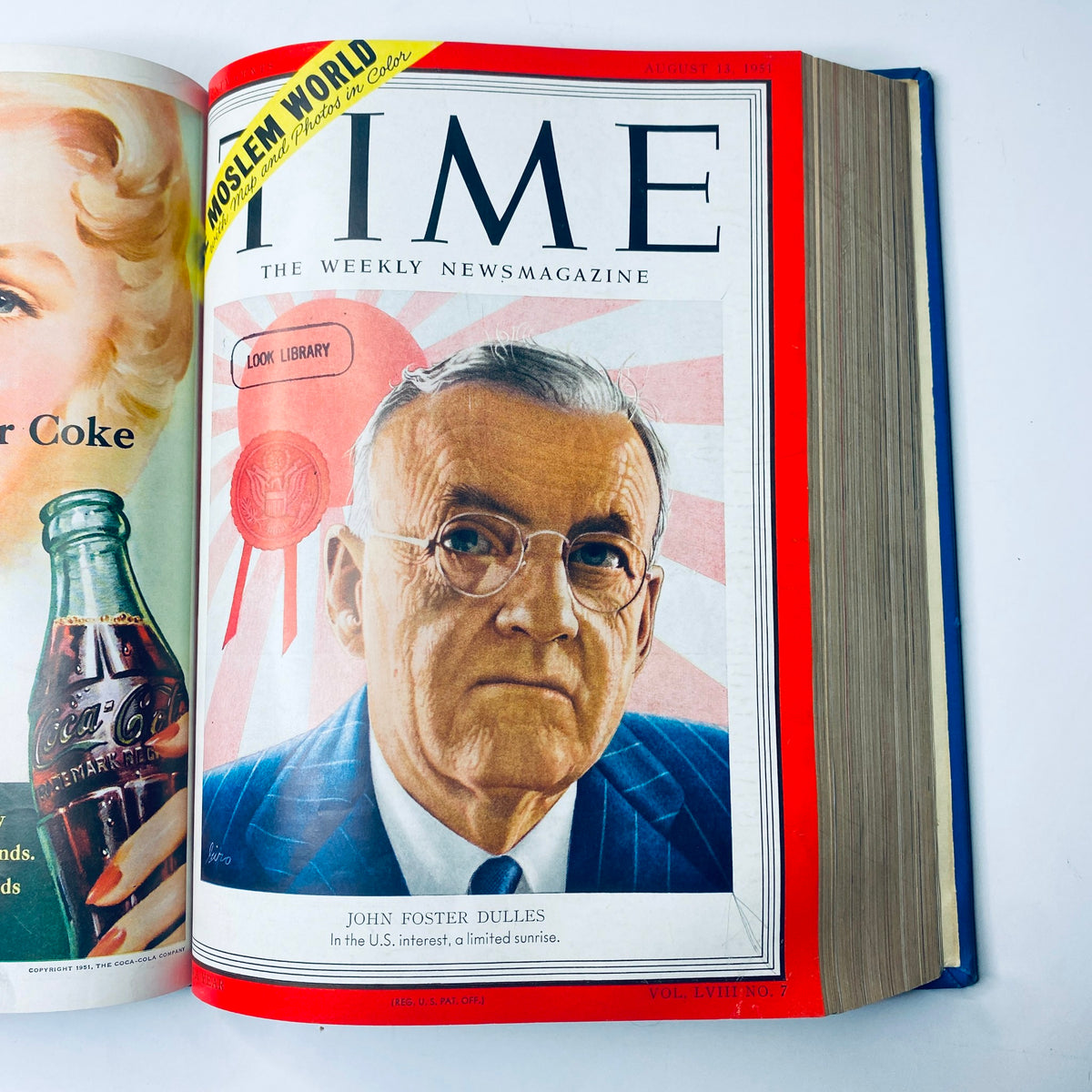 Time Library Bound Weekly Magazine featuring John Foster Dulles on the cover, dated August 13, 1951. This issue discusses Dulles's role in U.S. foreign policy during the Cold War.