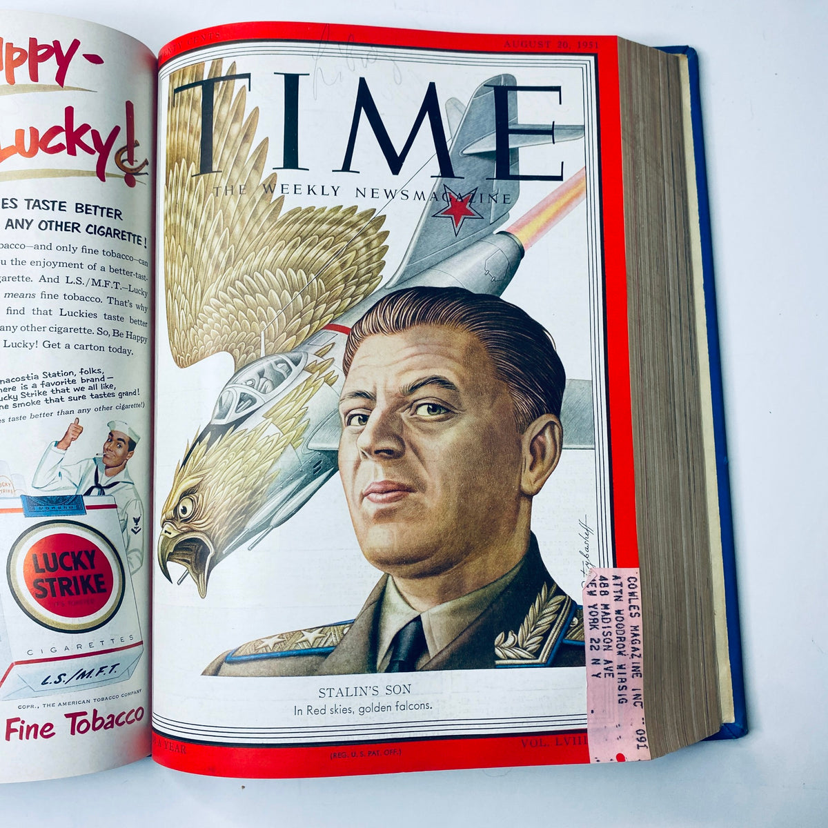 Time Library Bound Weekly Magazine featuring Stalin's Son on the cover, dated August 20, 1951. The article explores the life and influence of Stalin's offspring in the context of Soviet politics.