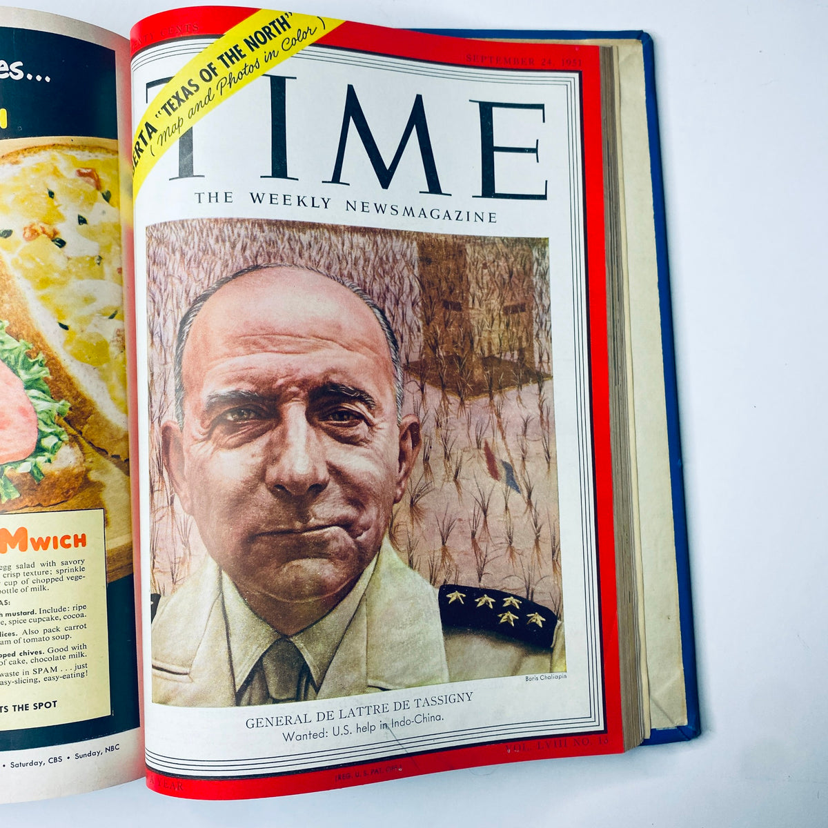 Cover of Time Magazine Library Bound Weekly, featuring General Jean de Lattre de Tassigny, dated September 24, 1951, highlighting important historical events.