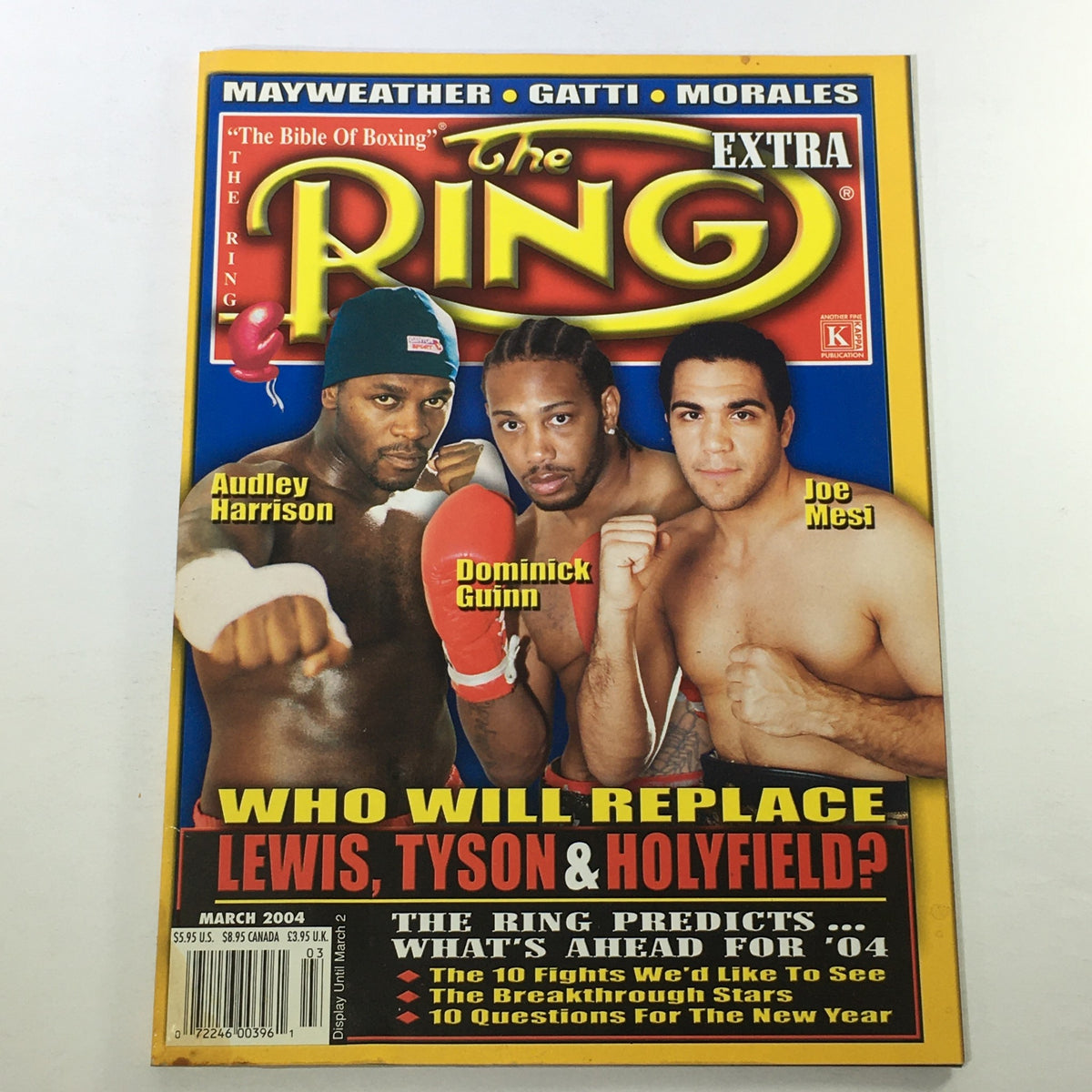 Cover of The Ring Boxing Magazine March 2004 featuring Audley Harrison, Dominick Guinn, and Joe Mesi, highlighting boxing predictions and notable fighters of that era.