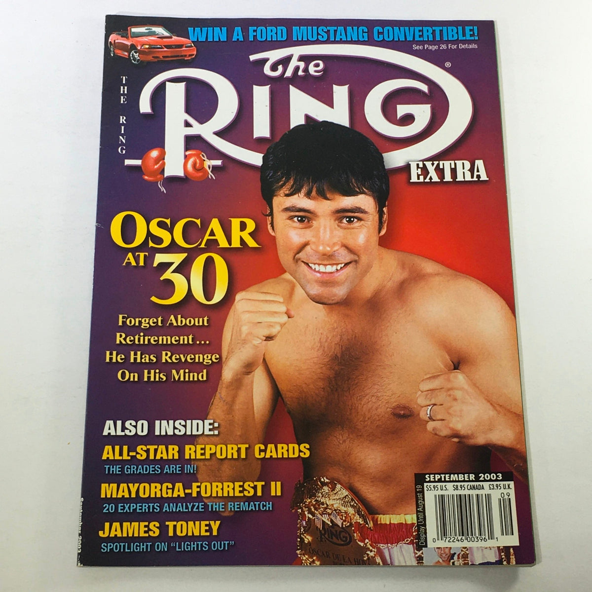The Ring Boxing Magazine September 2003 featuring Oscar De La Hoya on the cover, promoting his fight career and highlighting James Toney.