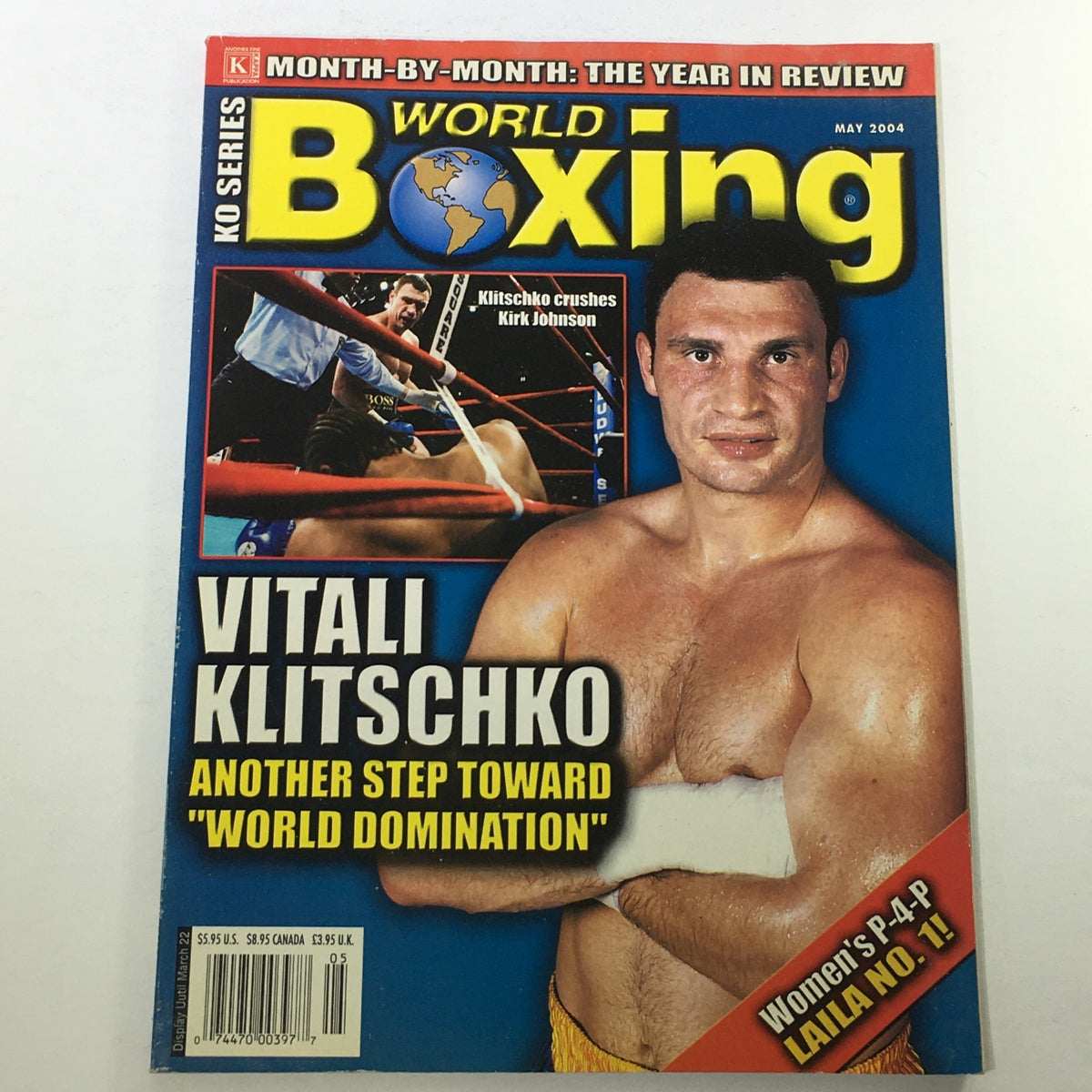 Cover of KO Series World Boxing Magazine from May 2004 featuring Vitali Klitschko with headlines about his match against Kirk Johnson, showcasing boxing history.
